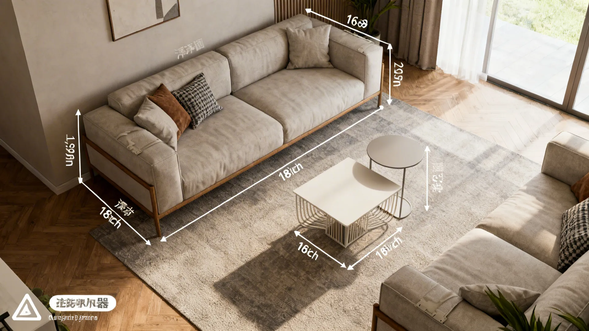 Top-down room layout illustrating end table heights, depths, and clearances for small living rooms.