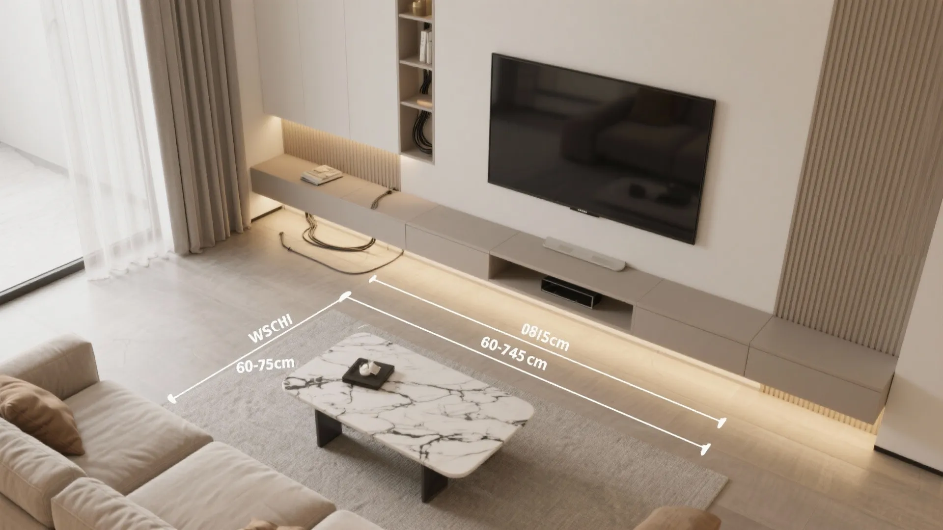Living room layout showing distance between marble coffee table and long cabinet under wall television