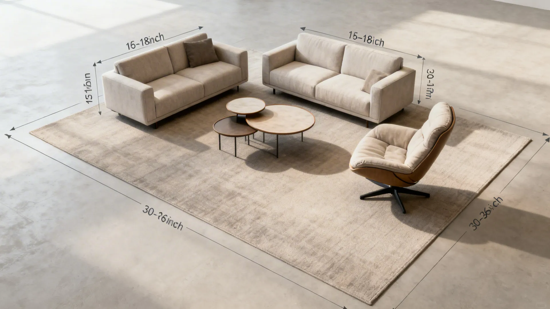 Top-down view showing sofa-to-table clearances and pathways around a floating rug.