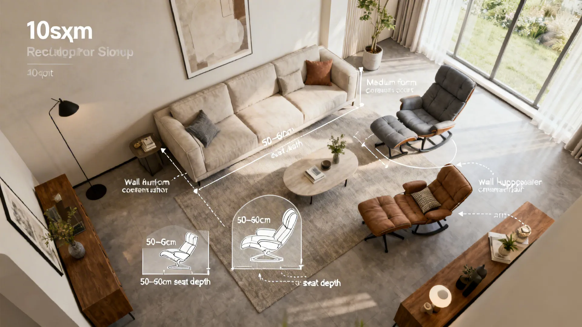 Top-down room mockup showing chair clearance arcs and seat depth annotations for a 10sqm living room