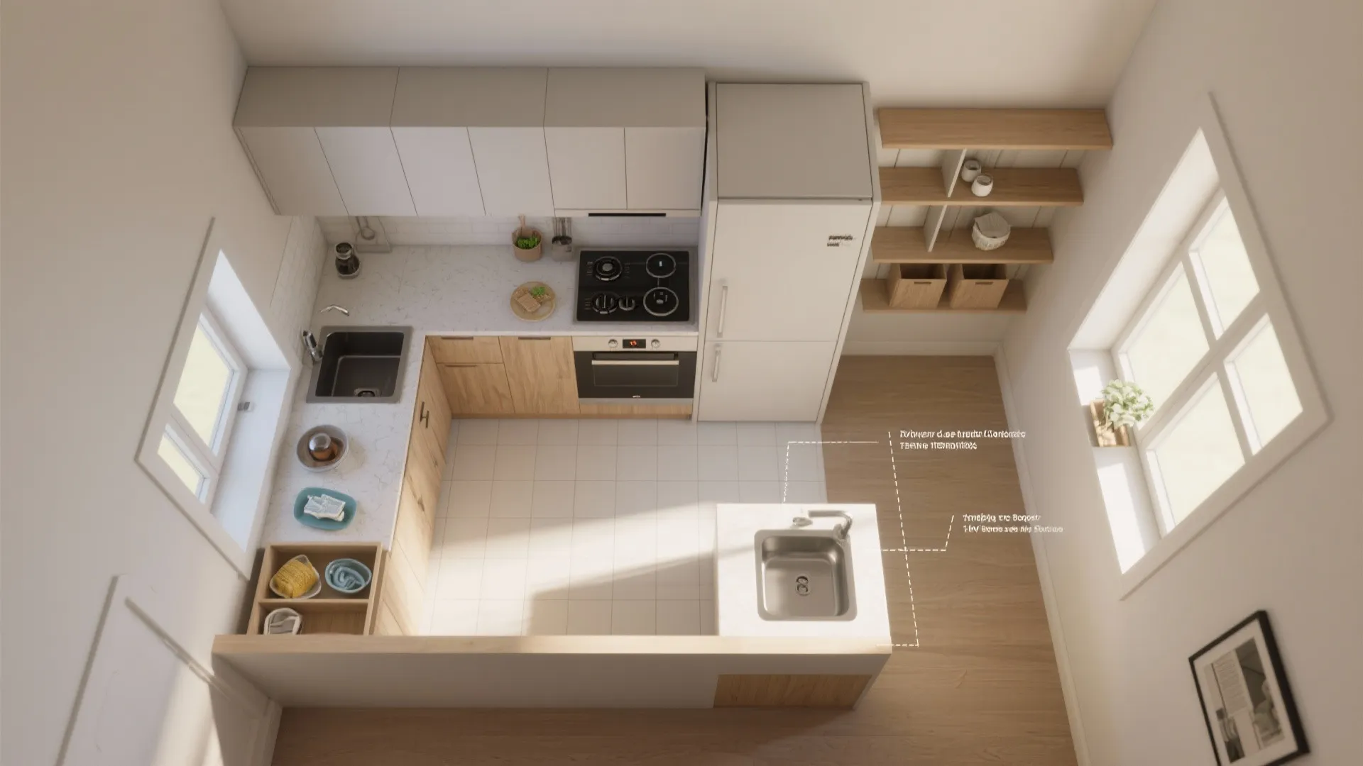 Top view interior design drawing of a small kitchen with wood cabinets and white appliances