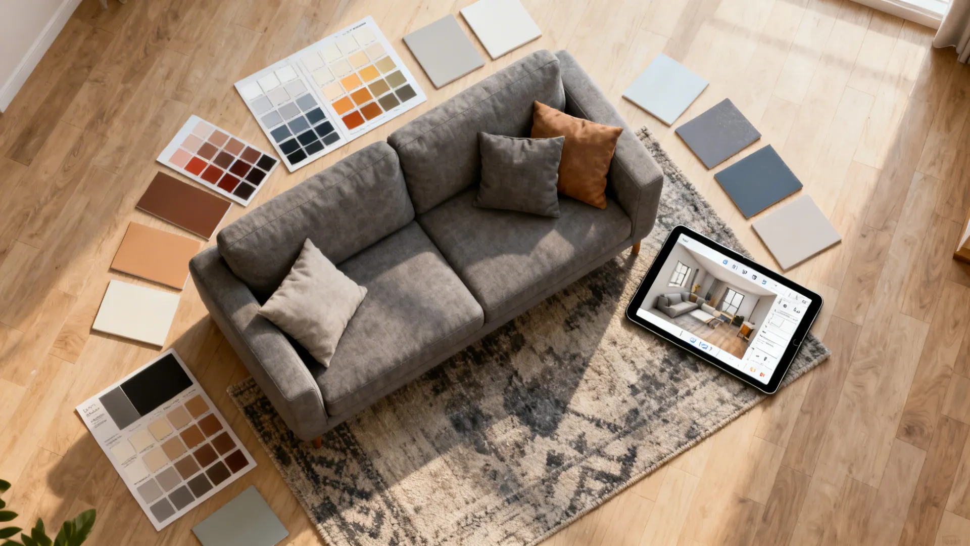 Top-down mockup of living room layout with grey sofa, color swatches and a tablet 3D planner