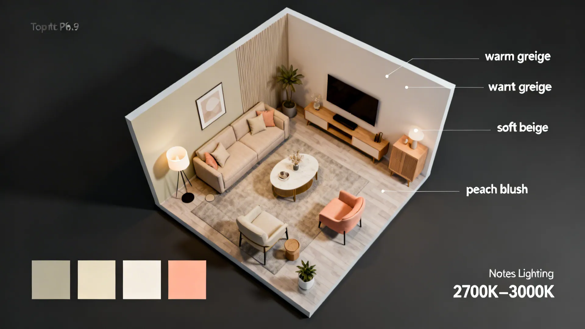 Top-down living room layout with color zone labels and warm palette swatches