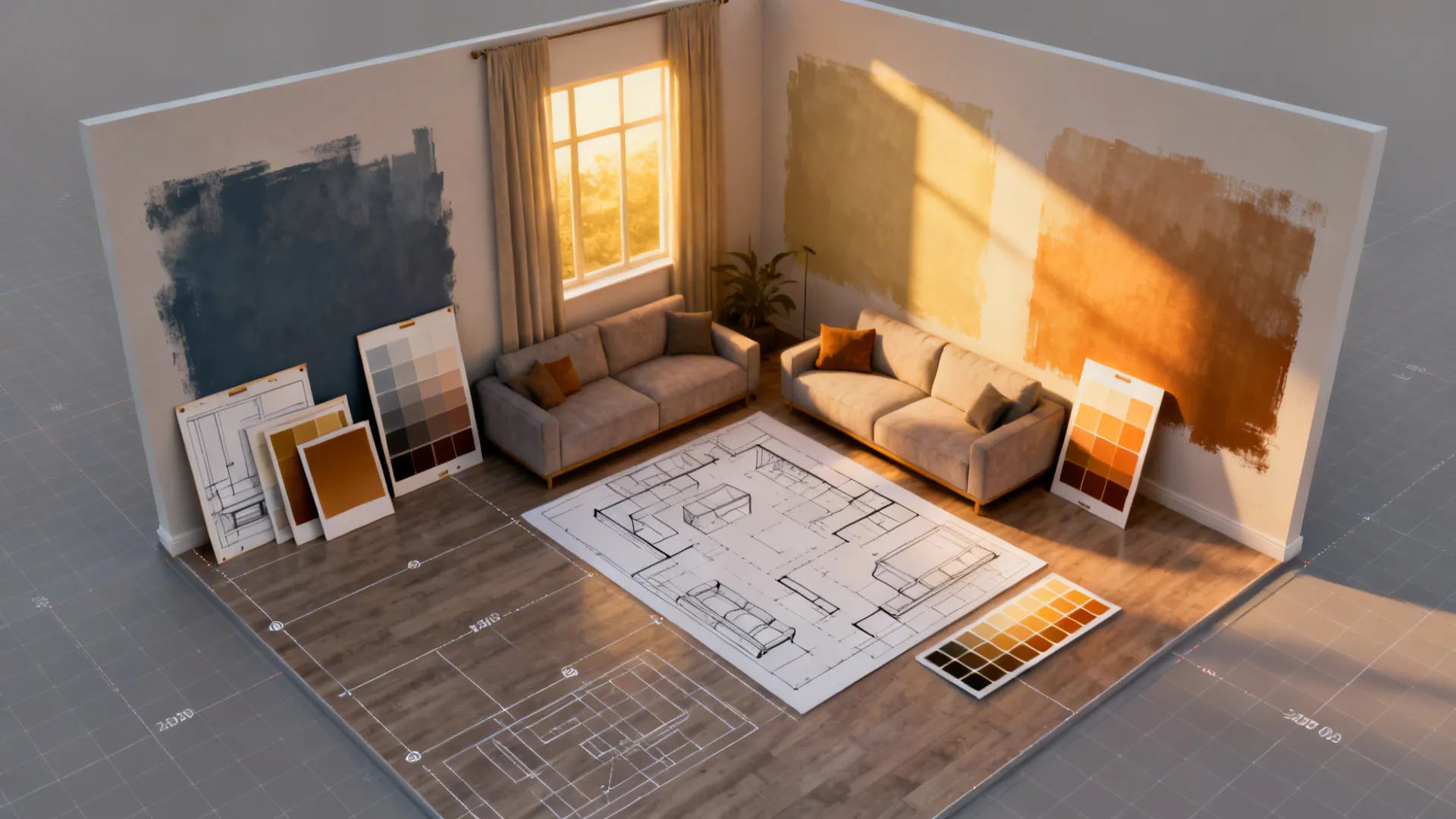 Top-down mockup of a small living room with large paint swatches and furniture planner overlays.