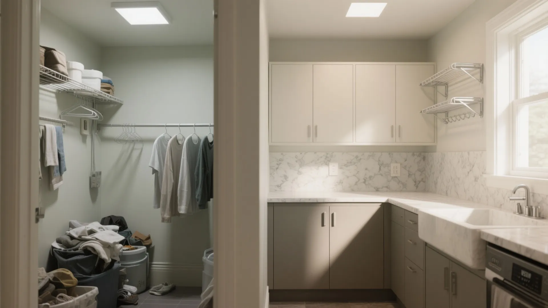 Before and after comparison of a messy storage room versus a clean modern laundry room