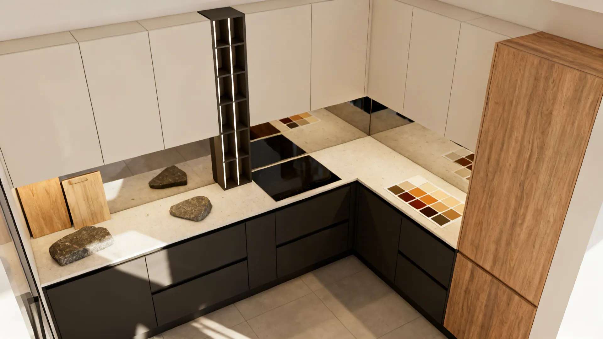 Top-down layout showing light uppers, darker bases, and reflective backsplash for small kitchens.