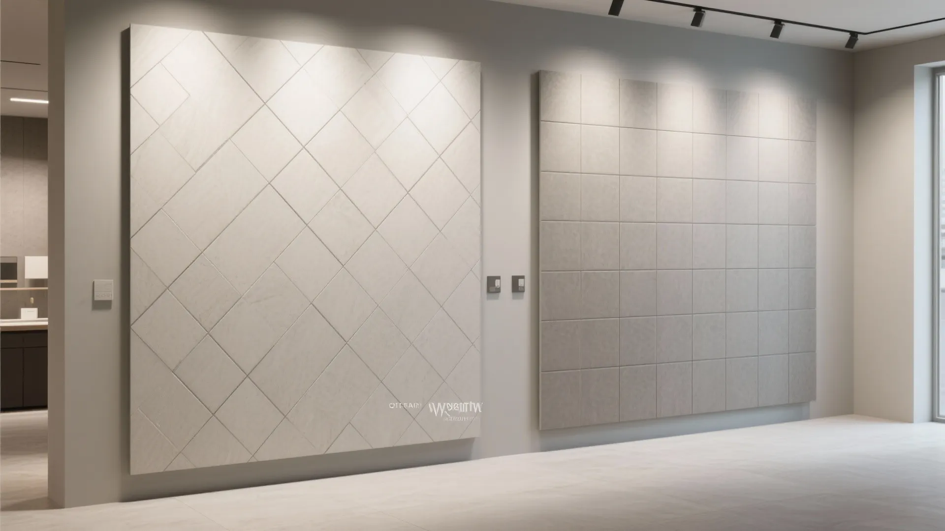 Two large wall panels with diamond and square tile patterns shown in a modern showroom