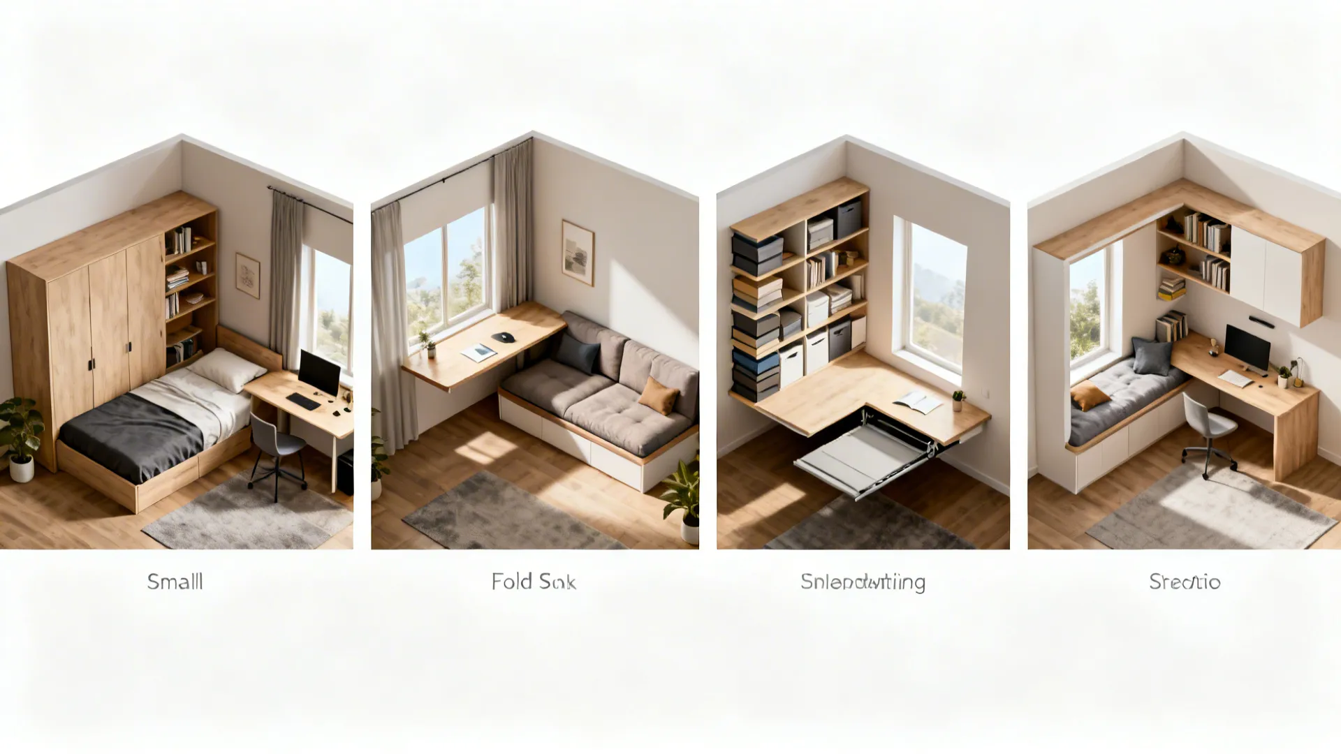 Four interior design drawings showing different small room layouts with multifunctional furniture including beds and desks