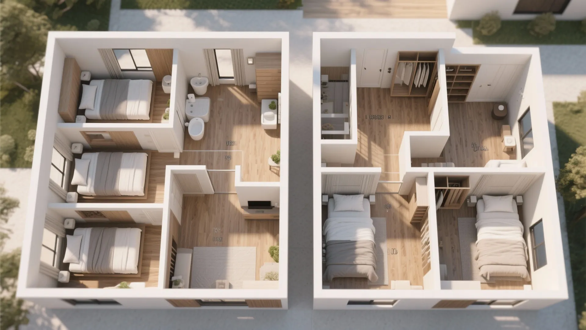 Top-down rendered comparison of compact and spacious 4-bedroom layouts showing footprint and circulation