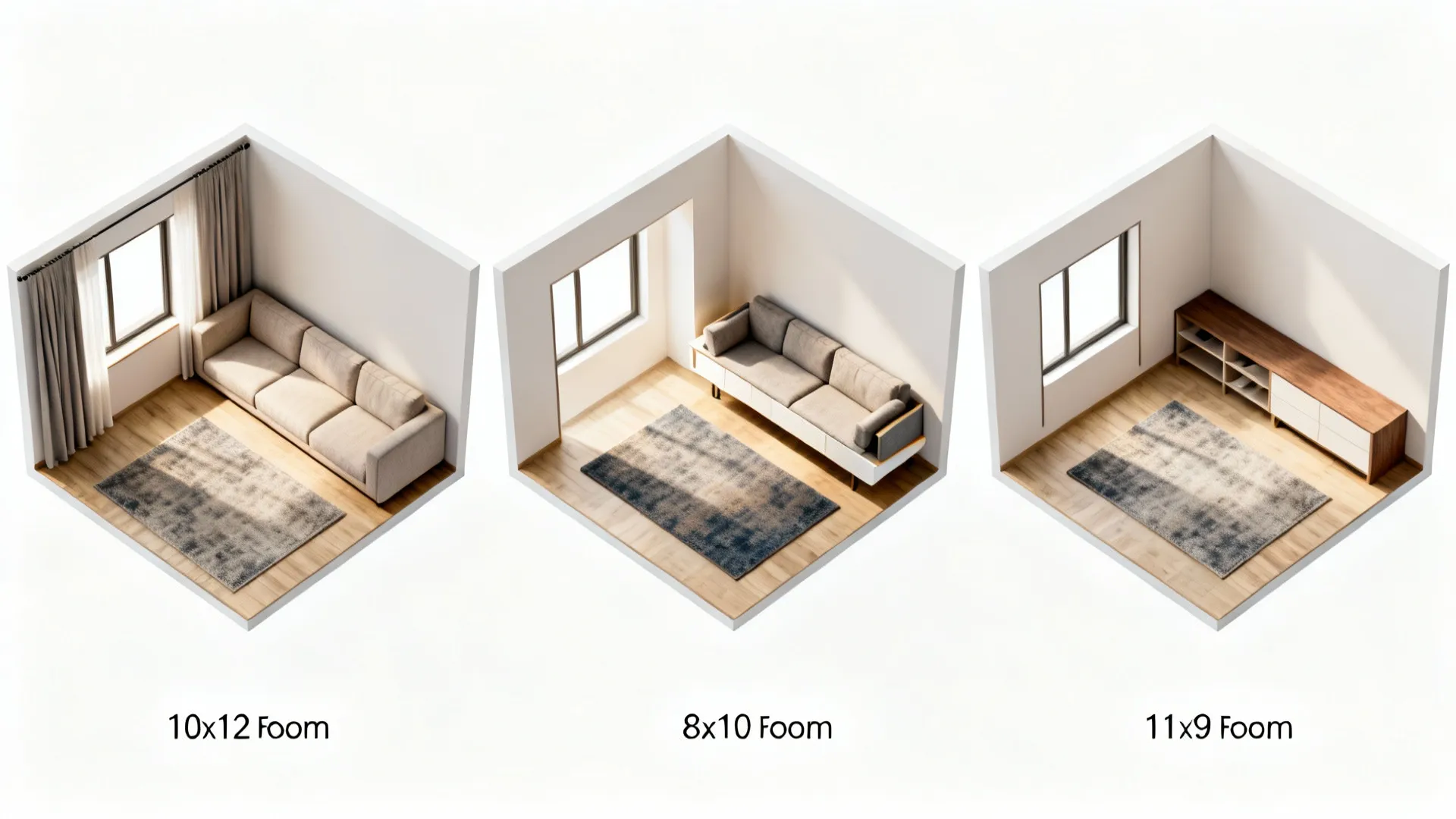 Three different room layout designs showing furniture placement options for various small apartment living spaces