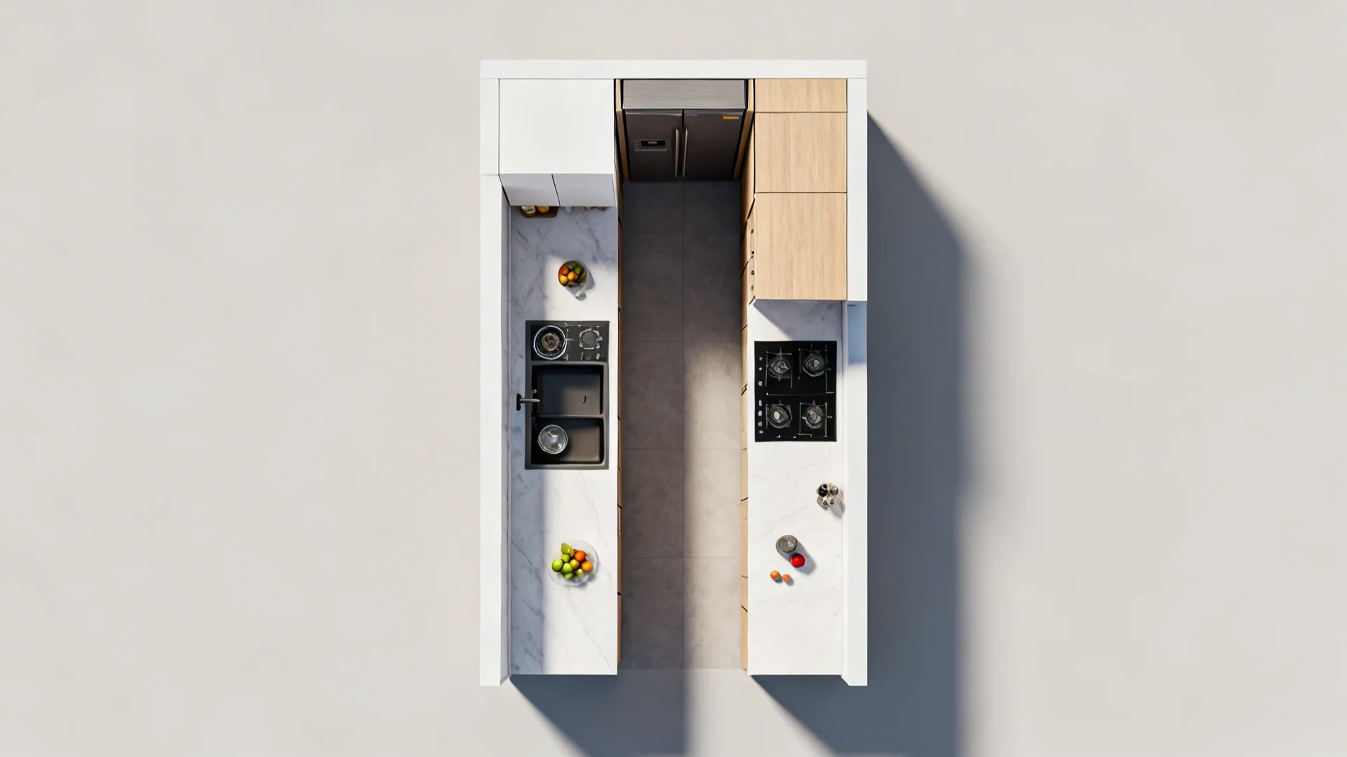 Top-down view of a compact galley layout with uninterrupted counters, a tall pantry, and slim-depth uppers.