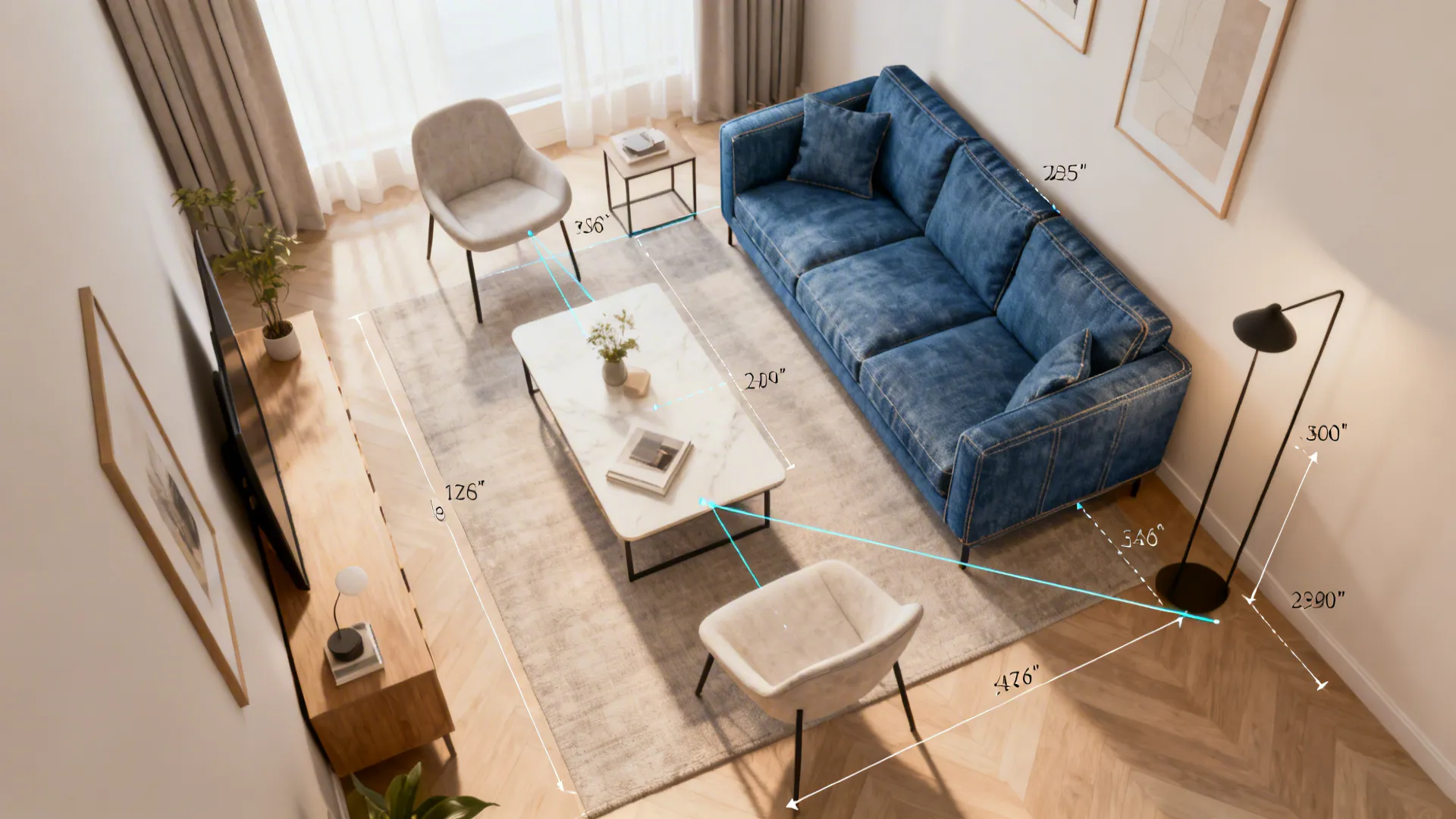 Top-down floor plan style image showing a denim-blue sofa and furniture layout for small rooms.