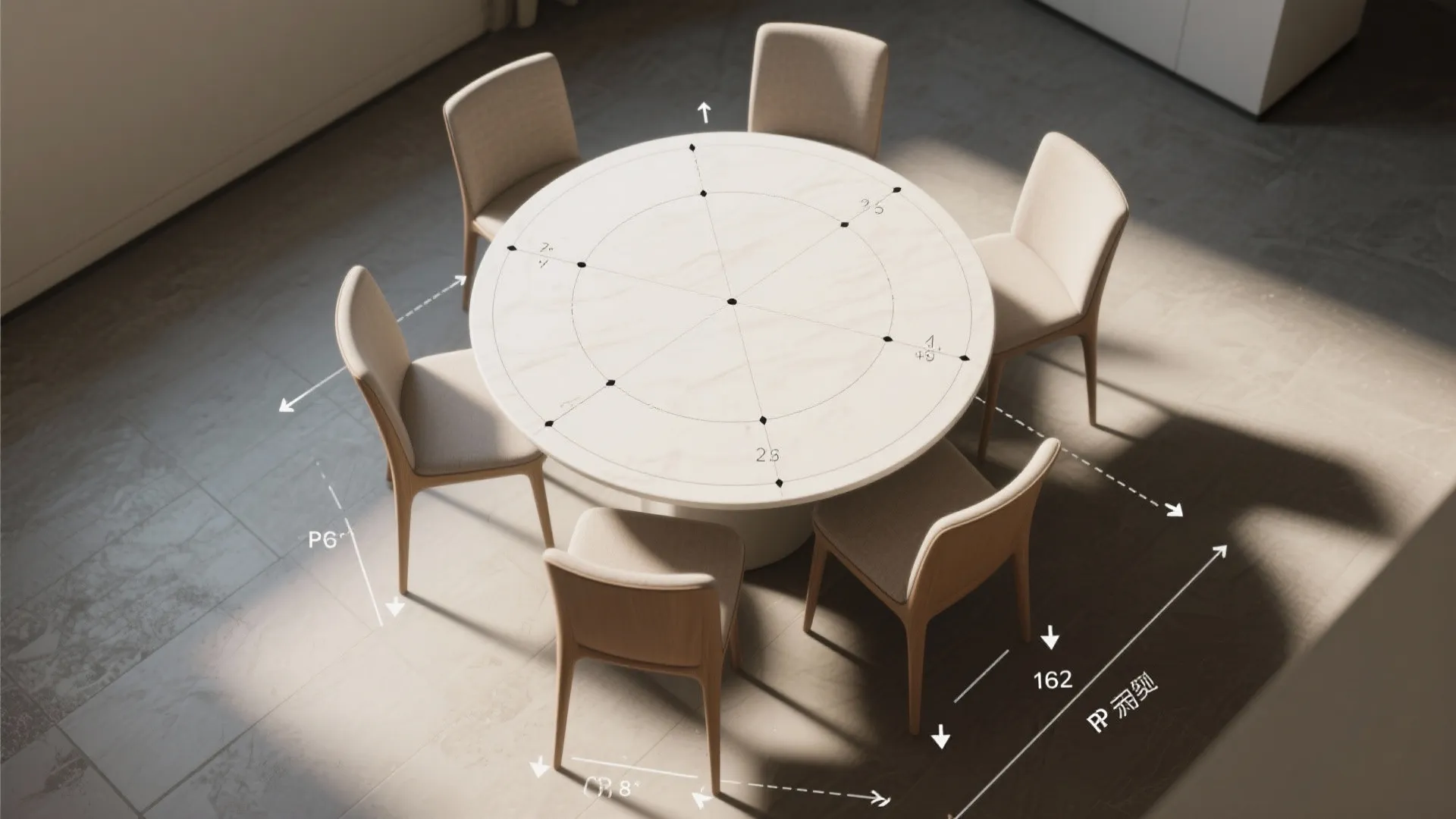 Round dining table with six beige chairs showing technical measurement lines for proper room layout