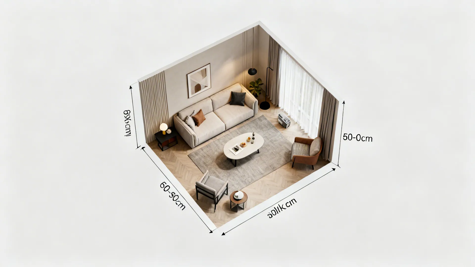 Top-down layout options for a tiny living room with recommended clearances and furniture placements.