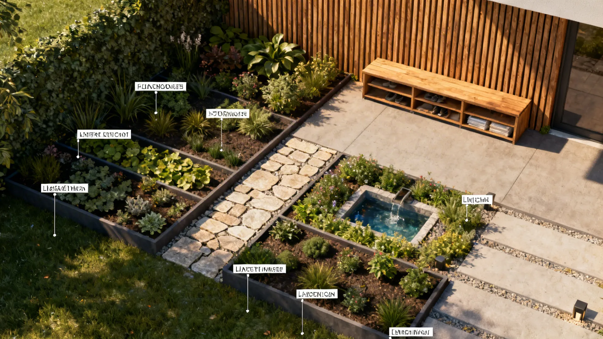 Top-down visual diagram of a small front yard showing zones for planting beds, path, vertical wall, bench, and focal point.