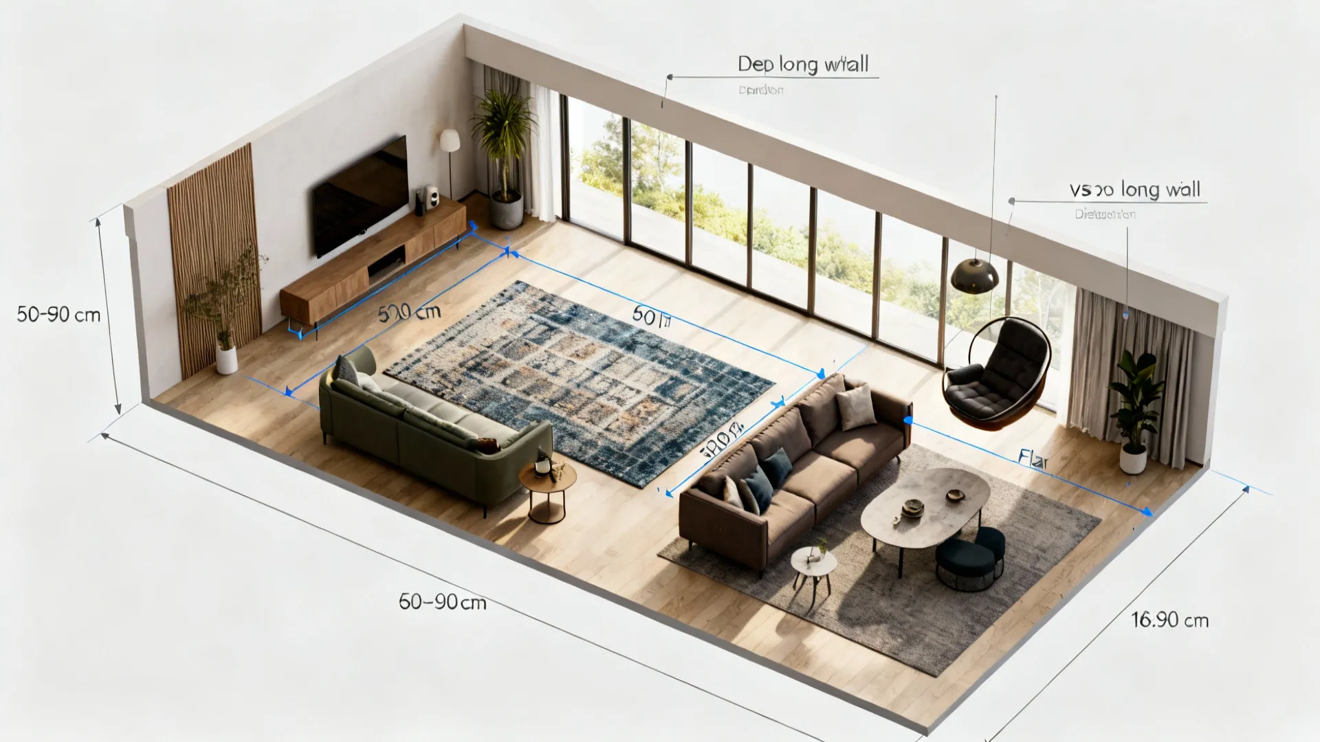 Diagram showing sofa depths, circulation distances, rug placement, and TV options for narrow living rooms.