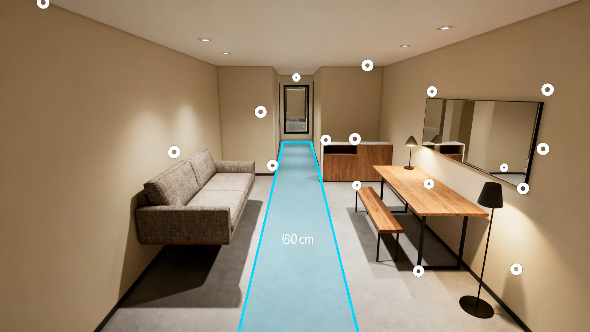 Top-down layout diagram of a long narrow living-dining combo showing zones and circulation