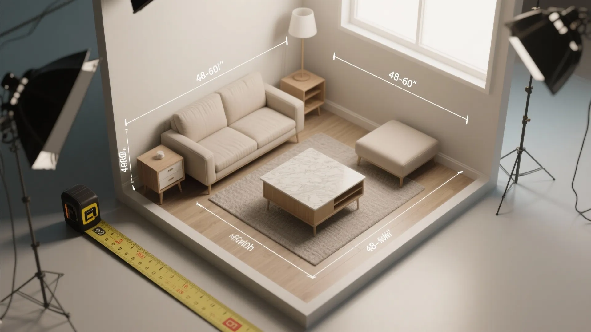 Interior design drawing with white sofa coffee table floor lamp and clear room measurement labels