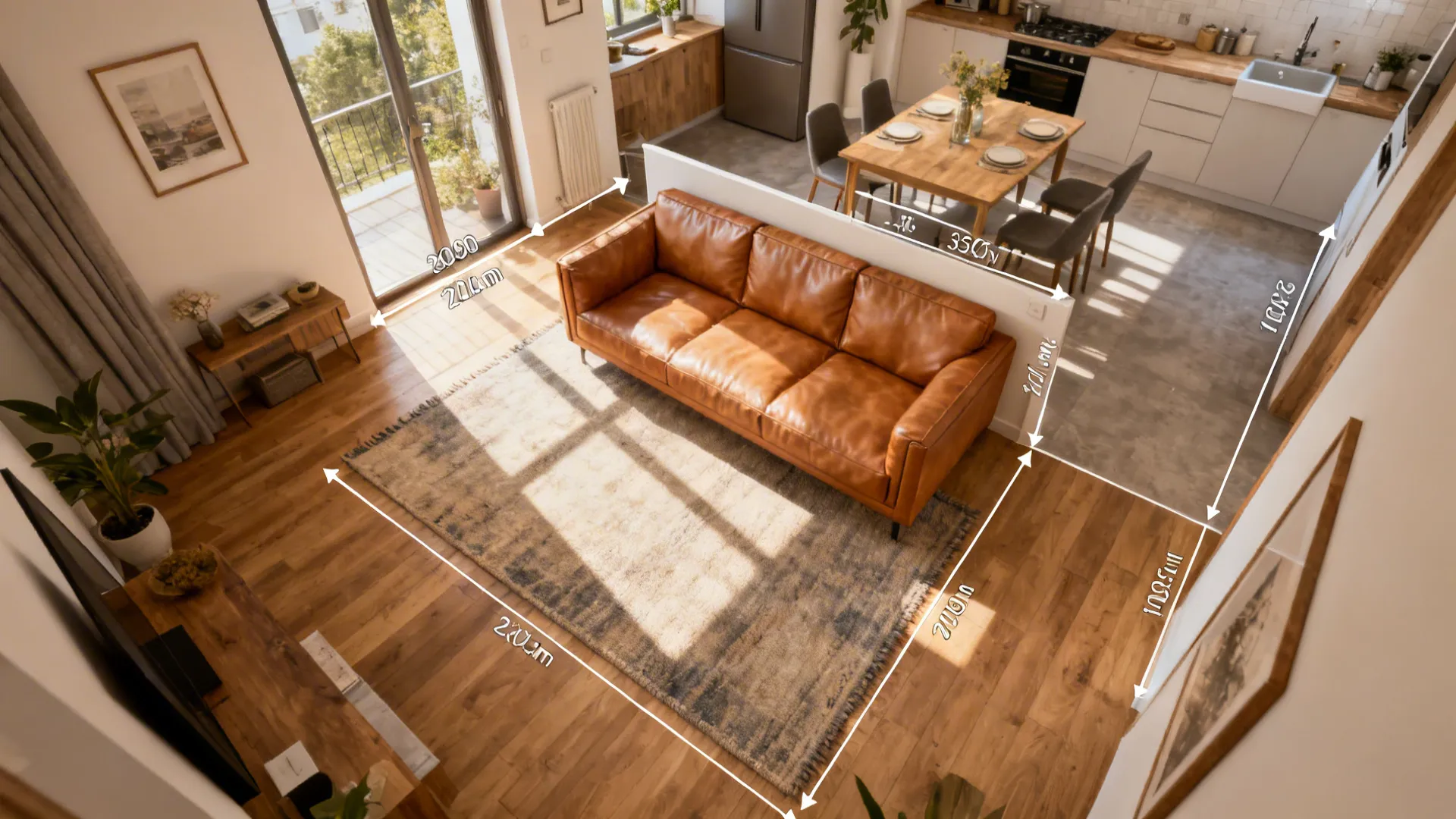 Top-down layout showing a tan sofa used as a divider in an open-plan small apartment