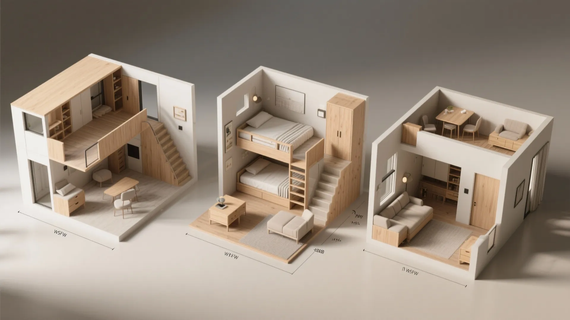 Three interior design drawings showing different small apartment room layout ideas with functional wooden furniture