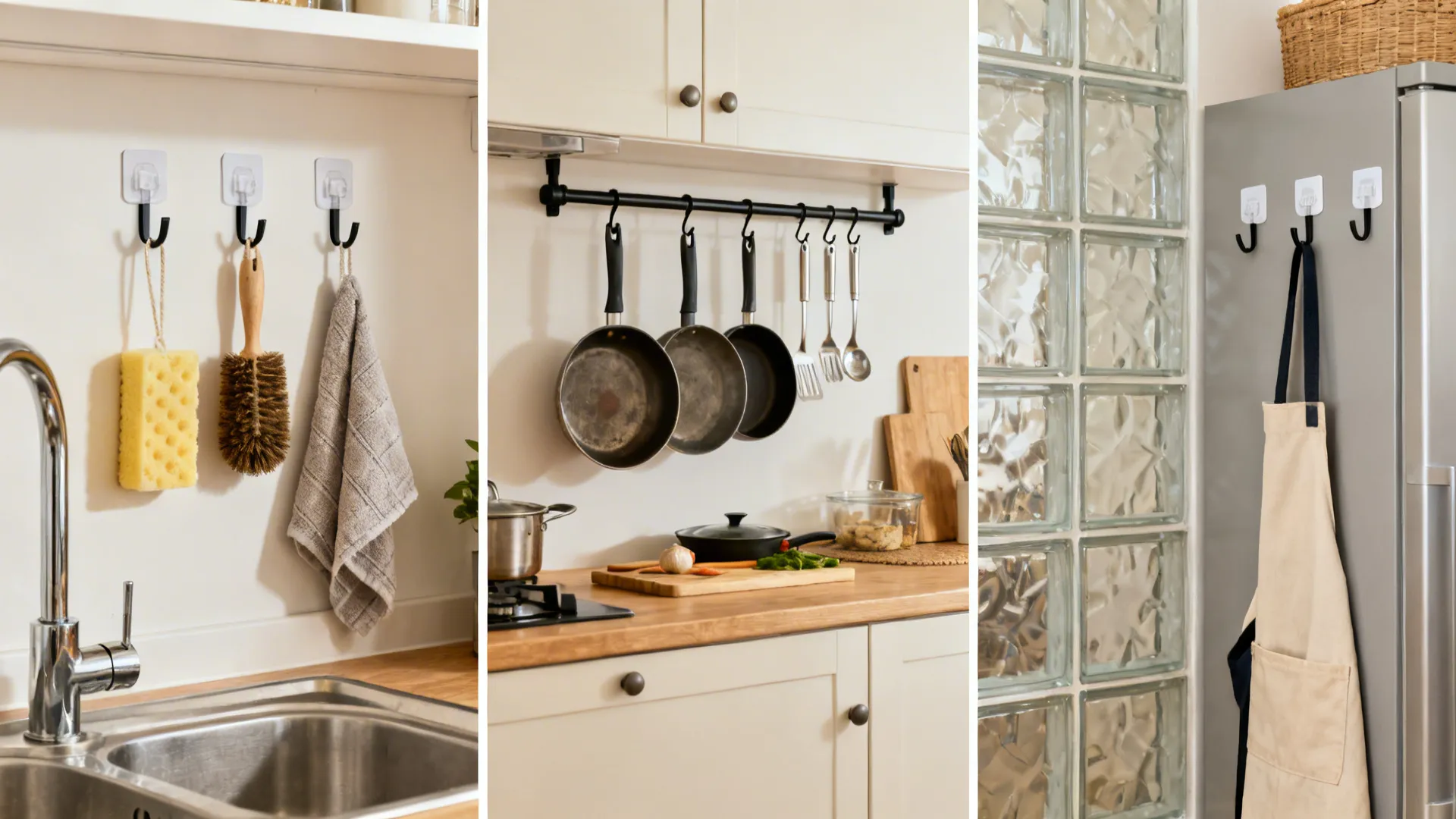 Three small kitchen examples using hooks: studio sink, family rail, and rental glass backsplash.