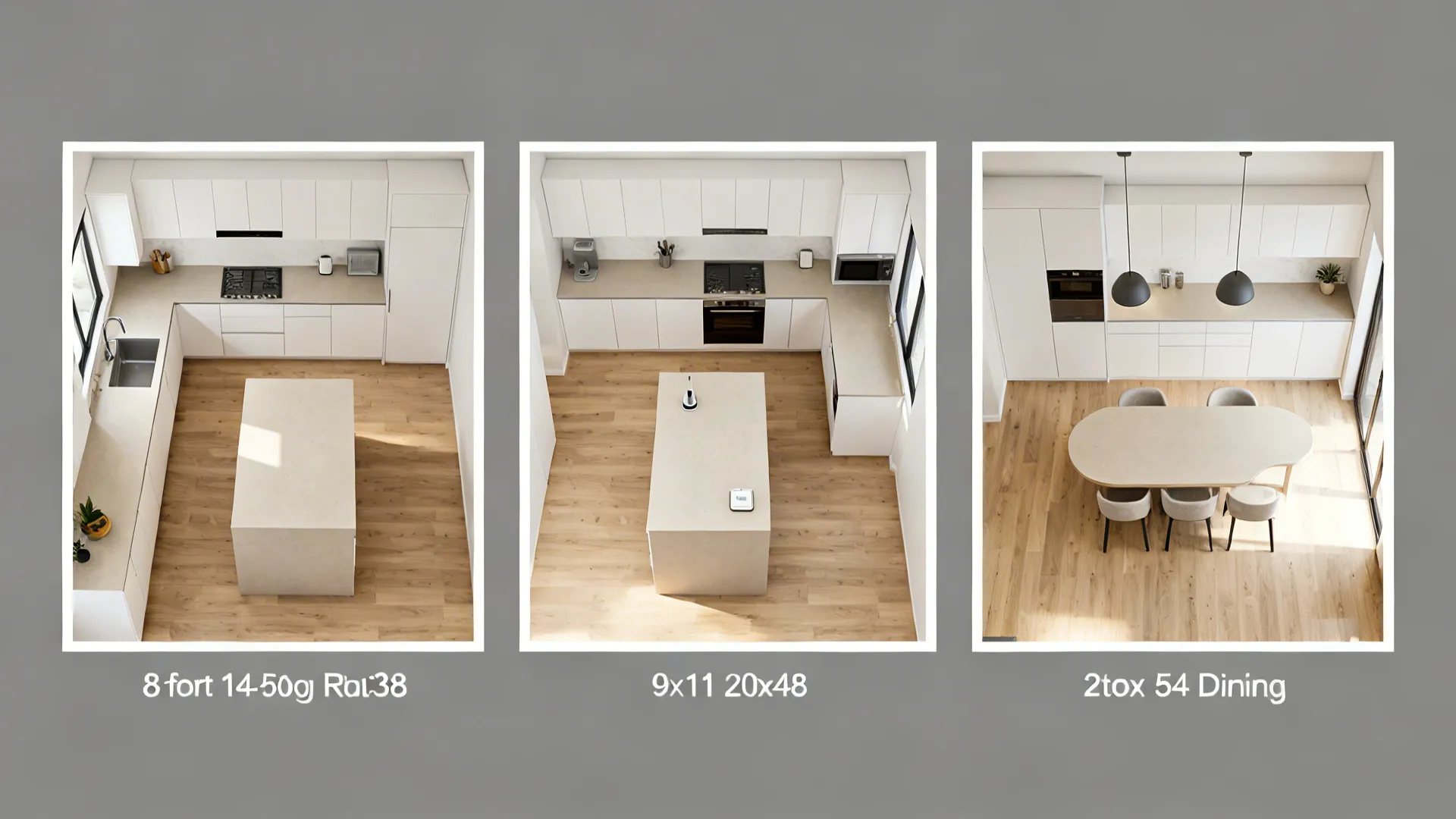 Top-down views of galley, U-shape, and studio layouts with compact islands.