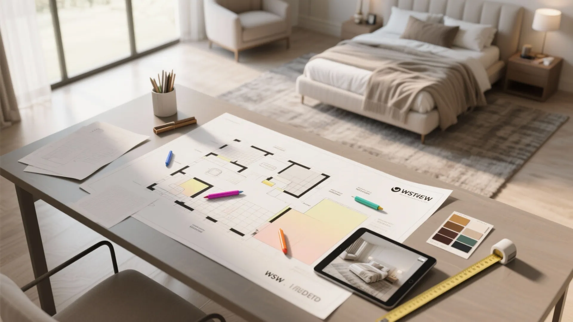 Interior design drawing on a desk with a tablet color samples and a bedroom background view