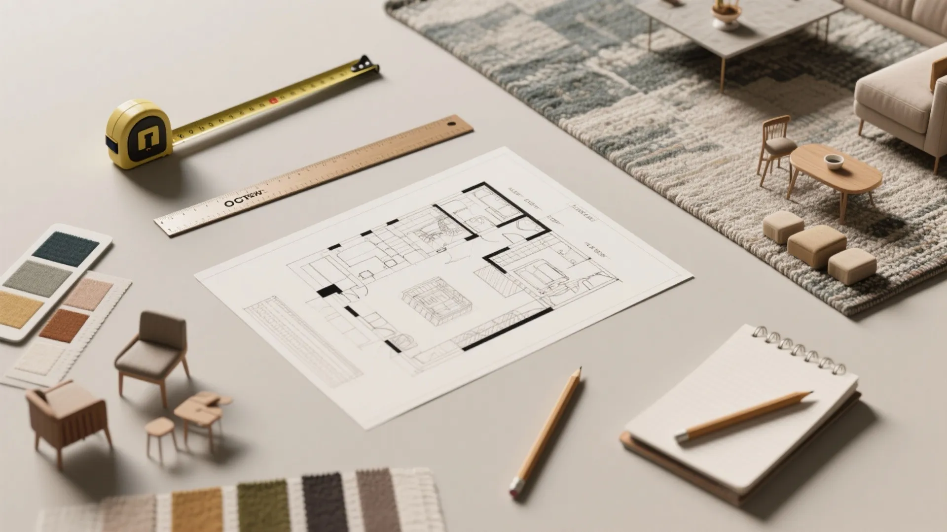 Top-down flatlay of layout planning tools: floorplan sketch, tape measure, swatches and scale models for living-dining design.