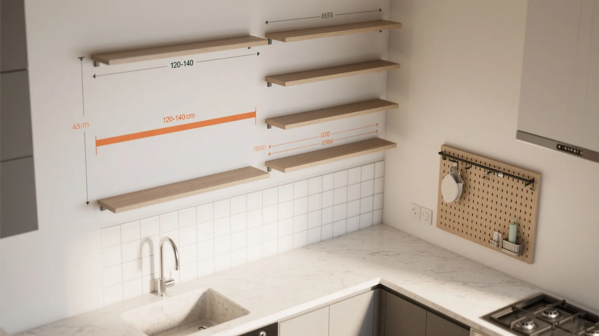 Kitchen wall design showing wooden floating shelves with measurement lines and a small white sink