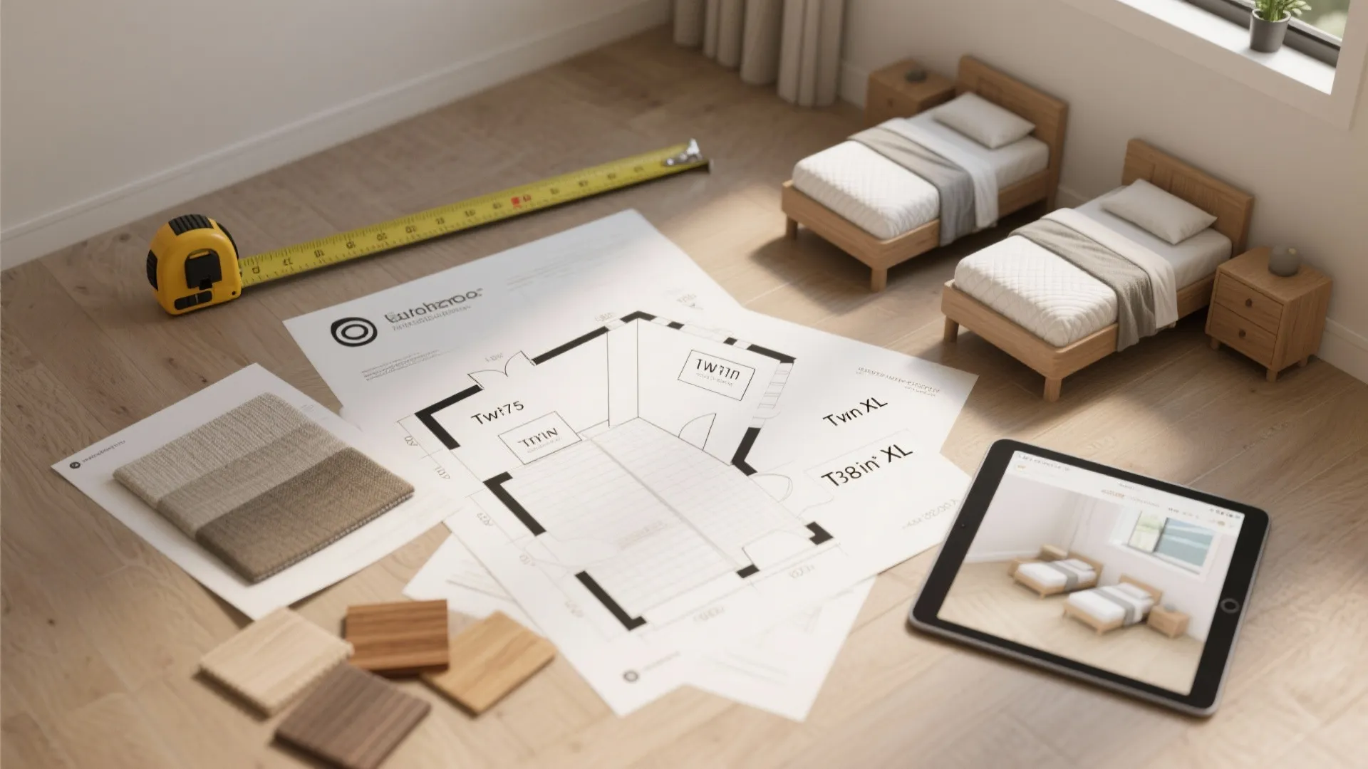 Interior design drawing with measuring tape material samples and a tablet on a wooden floor