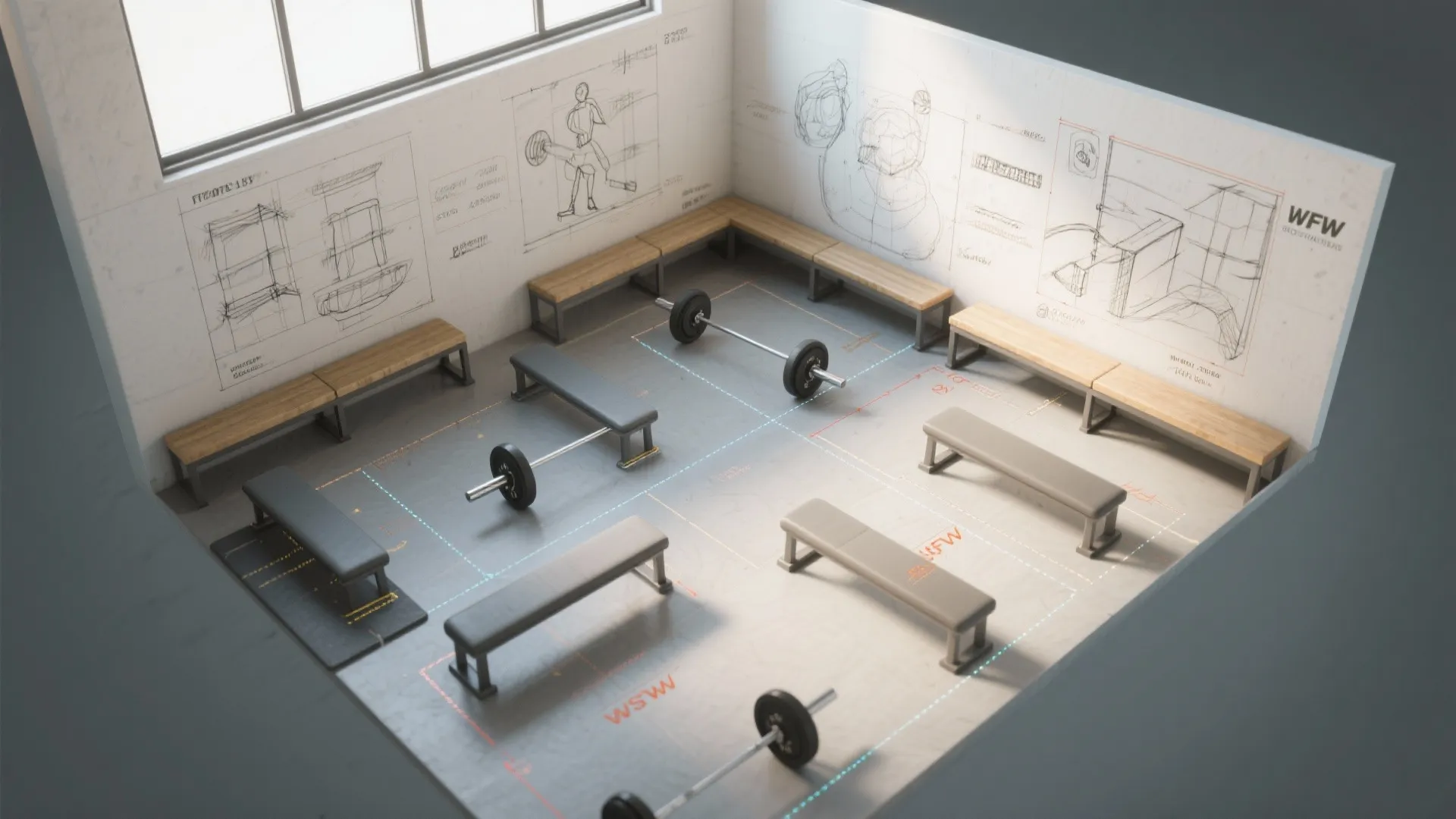 Interior design drawing of a gym room with benches weights and sketches on the walls