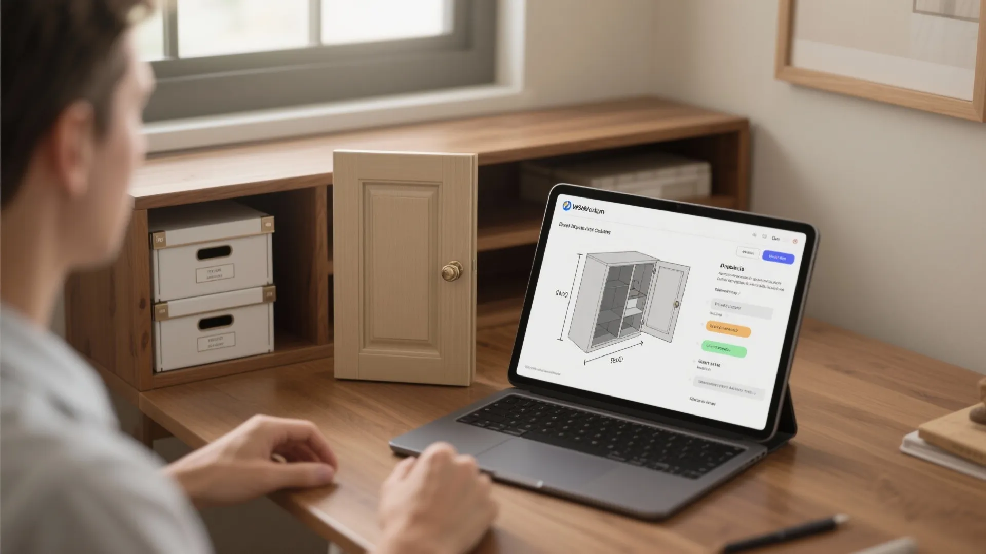 Design consultation scene with a tablet showing a 3D cabinet layout, sample door, and storage boxes illustrating FAQ topics.