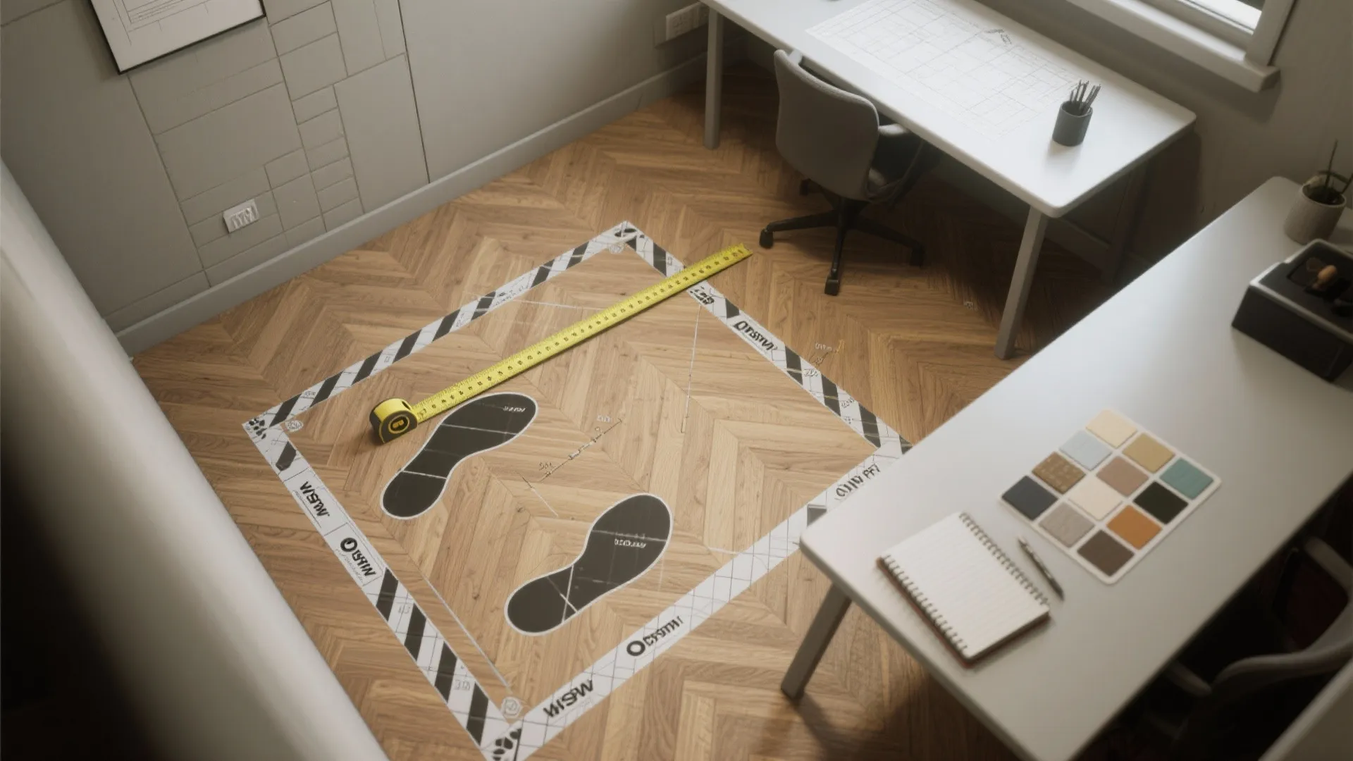 Top view interior design drawing showing wood floor measuring tape desk chair and color samples