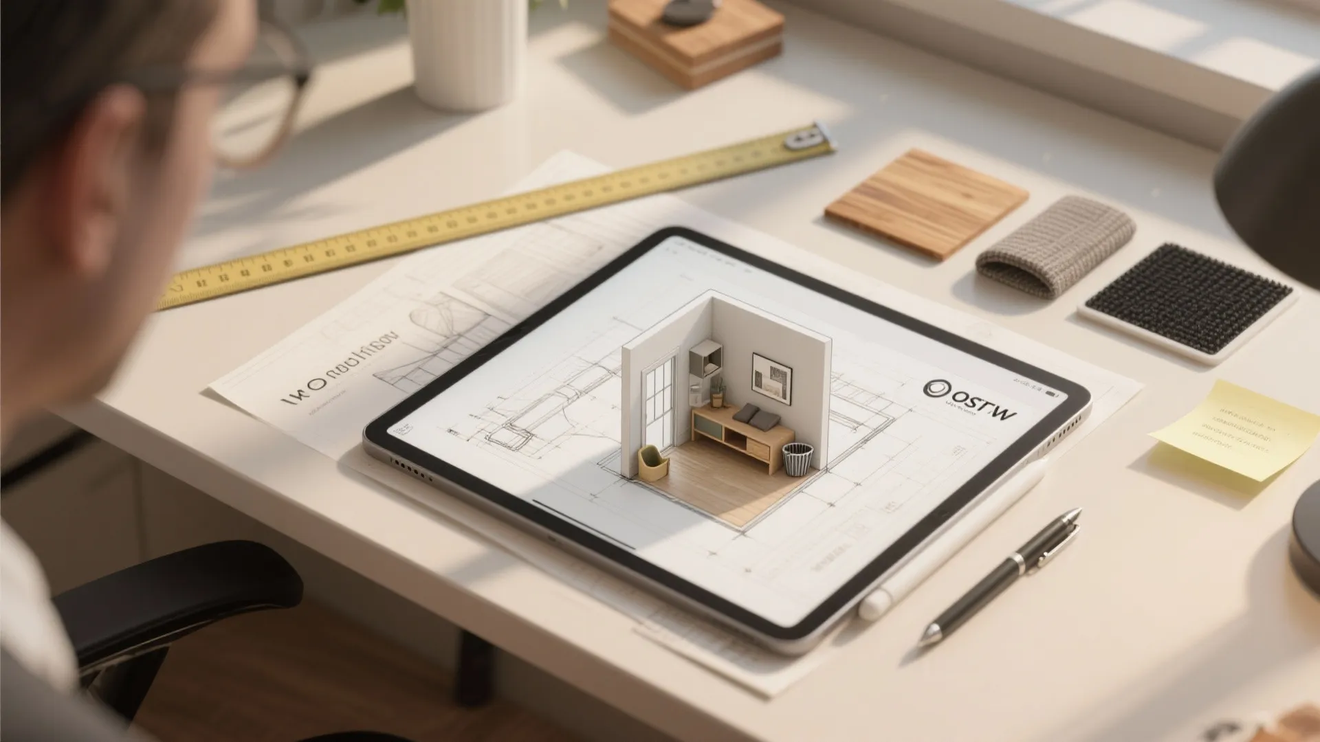 Designer using a tablet to create a small room layout with 3D interior design drawing