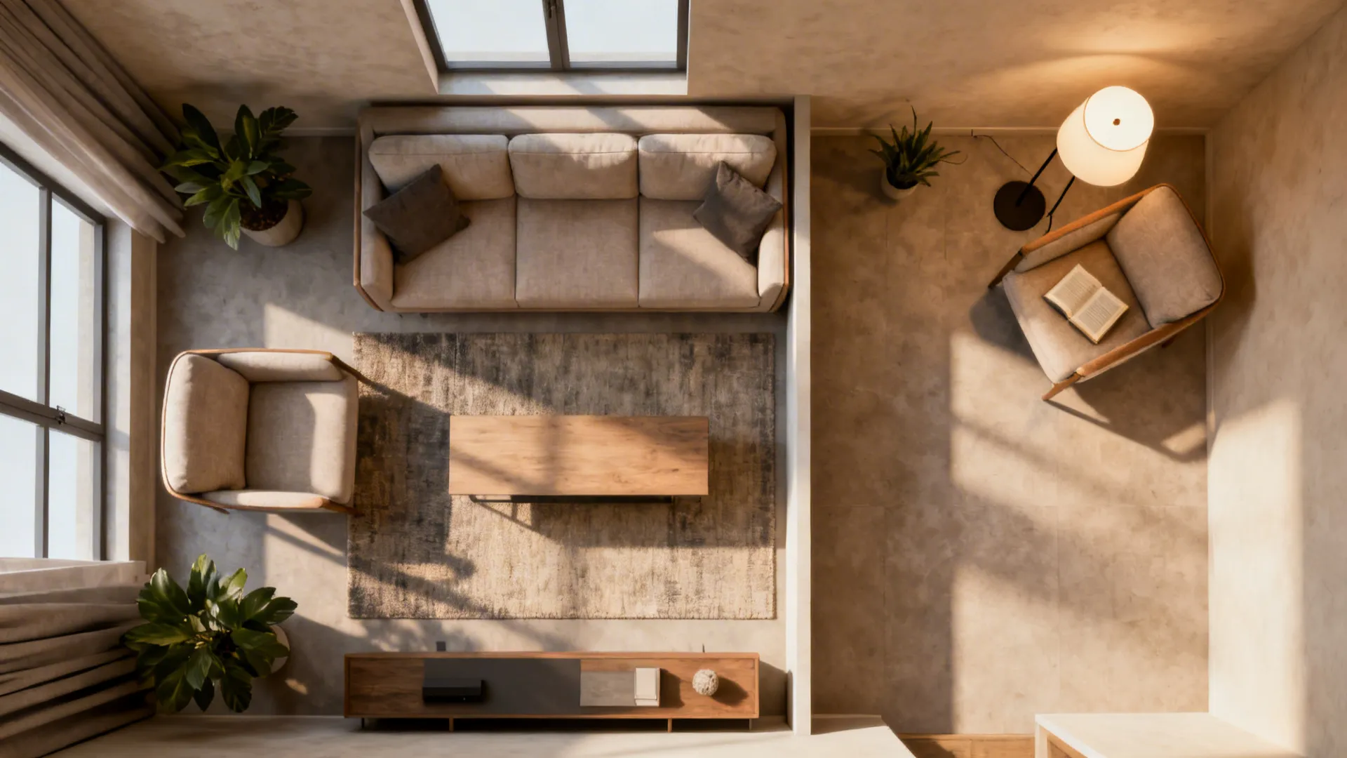 Top-down floor plan illustration showing cozy living room zones and lighting placement.