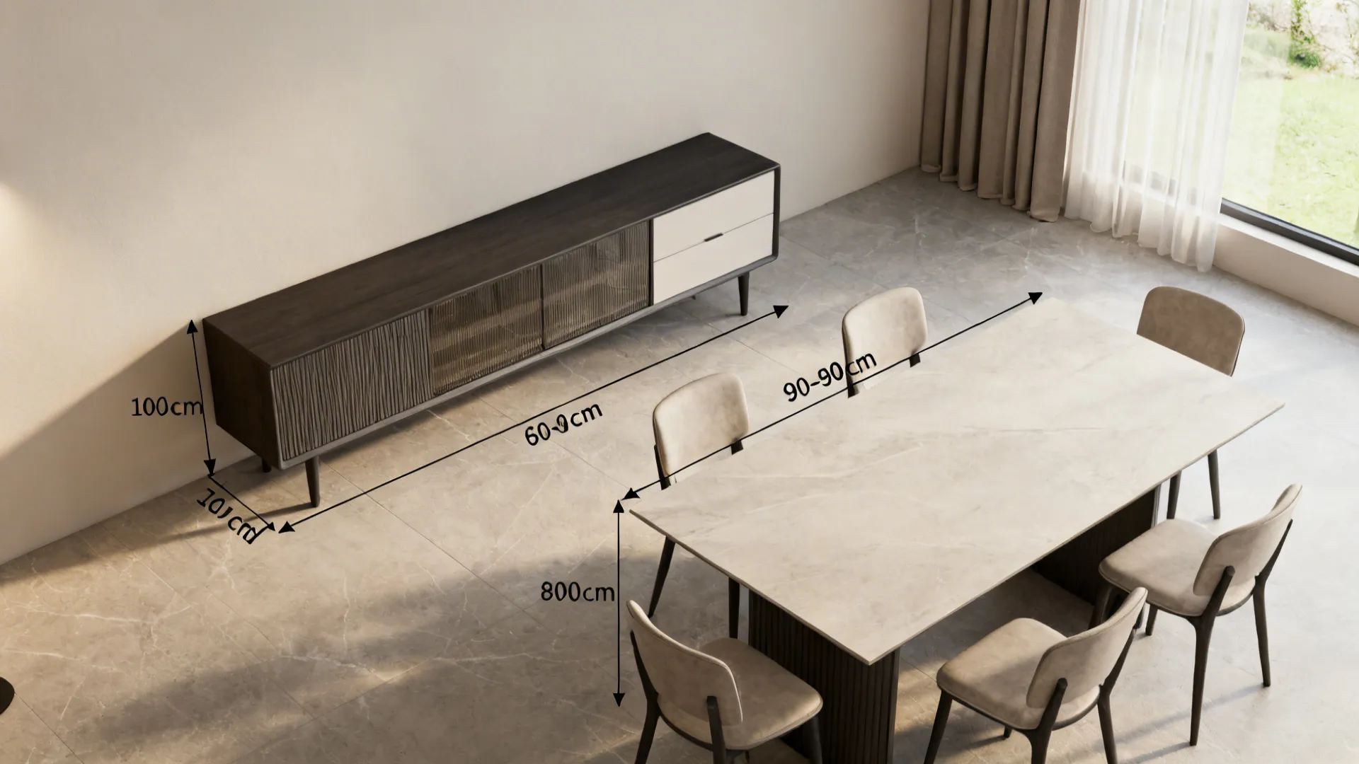 Top-down mockup showing sideboard placement and proportions relative to a dining table.