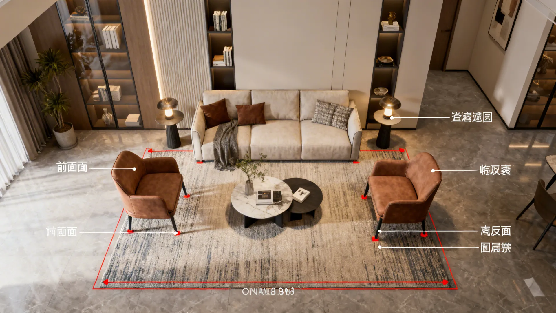 Top-down layout diagram of rug sizing, seating arrangement and lighting positions in a small living room