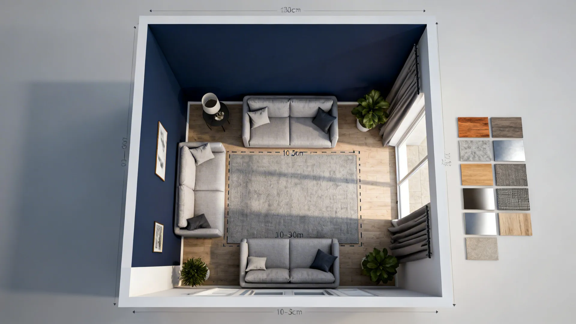 Top-down compact living room layout with navy accent wall and furniture placement guidelines