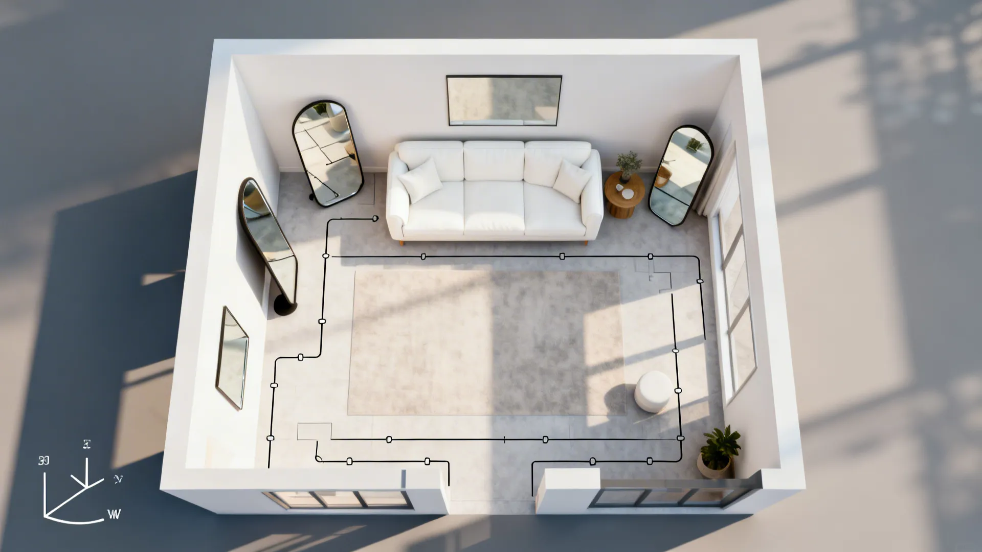 Top-down room planner view showing white sofa layout and circulation suggestions.