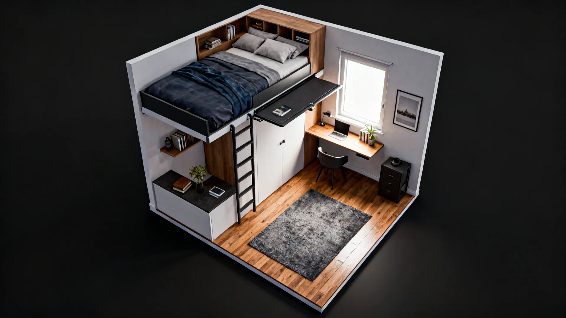 Top-down planner view showing layout options for small bedrooms including storage and loft beds.