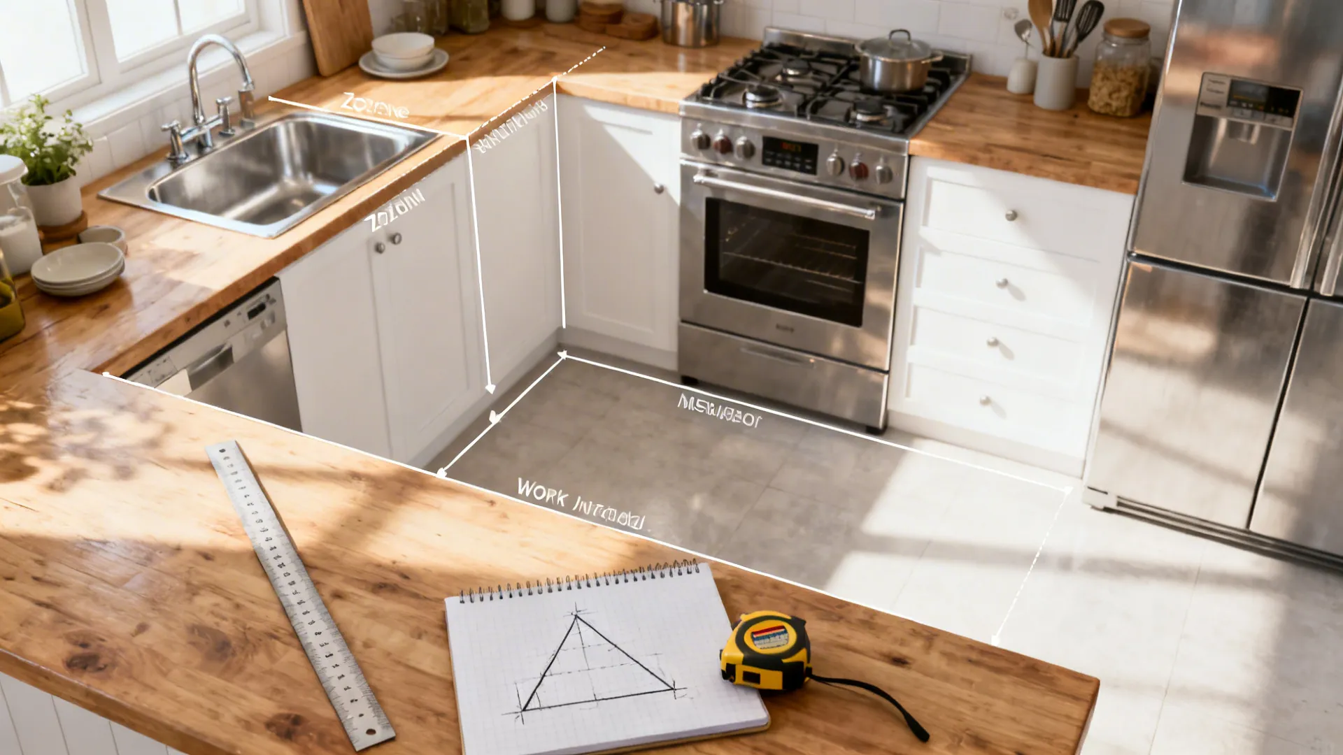 Small kitchen vignette showing a measured layout, work-triangle sketch and planning tools