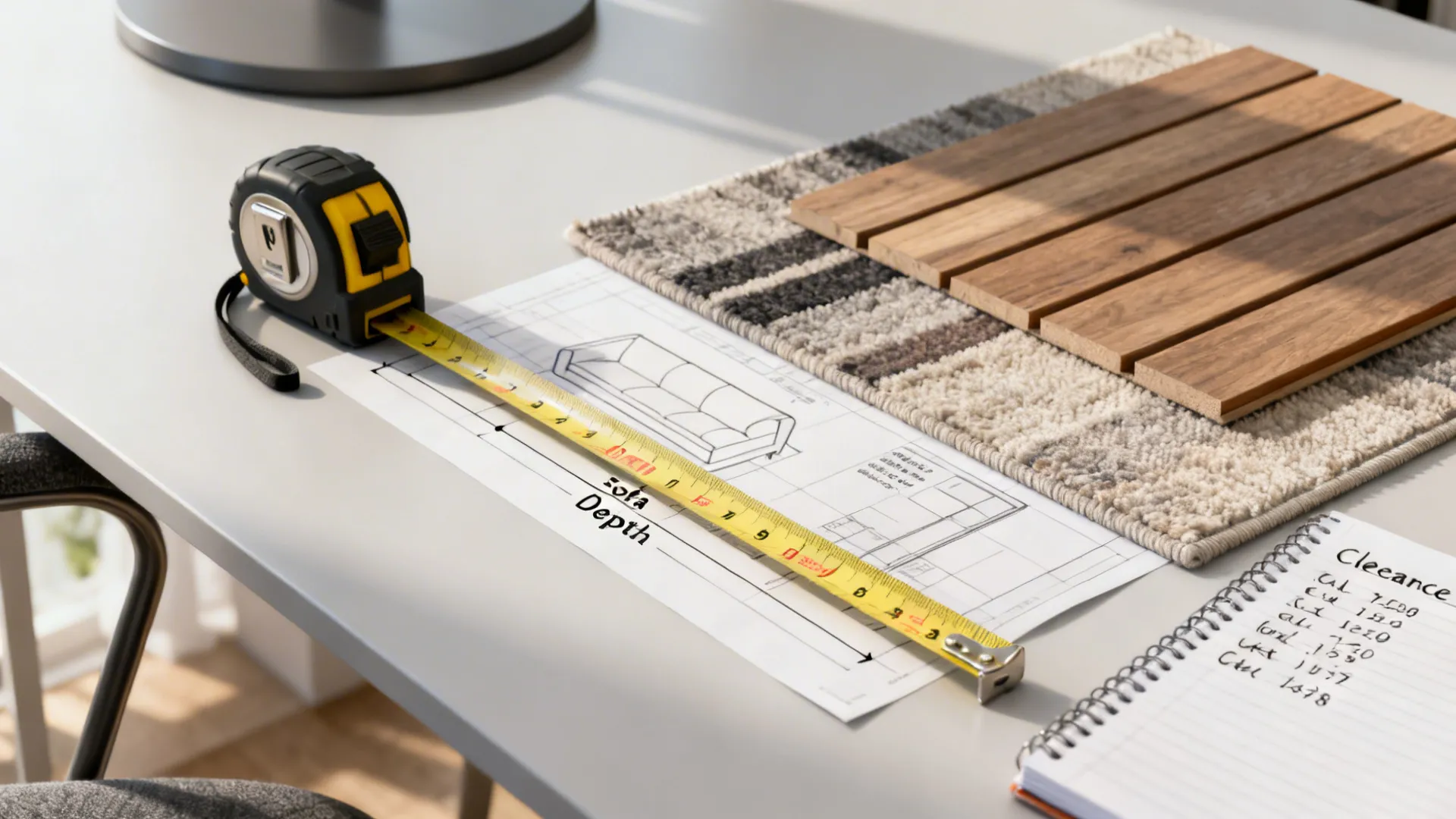 Tablet room planner and tape measure showing sofa depth and clearance for narrow living room planning