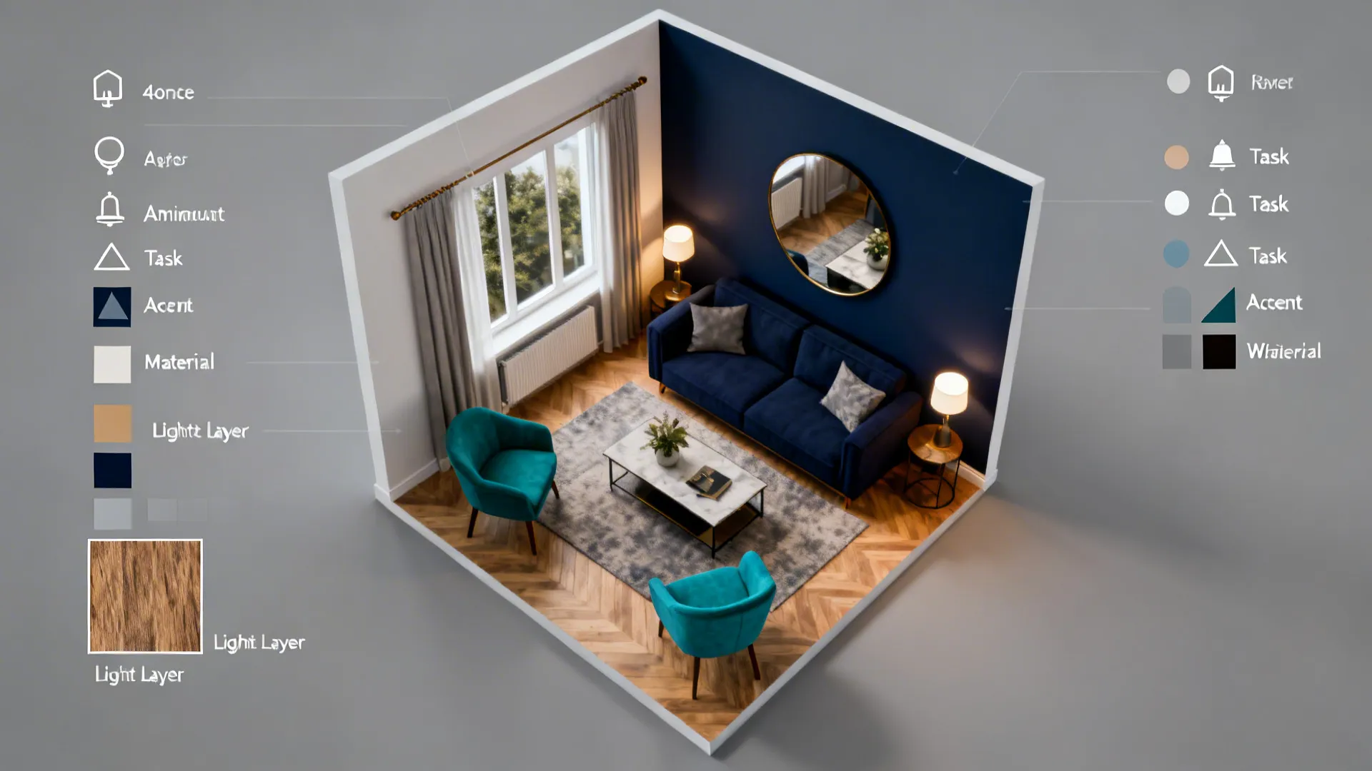 Top-down layout diagram showing navy feature wall placement, mirror and seating for a small living room