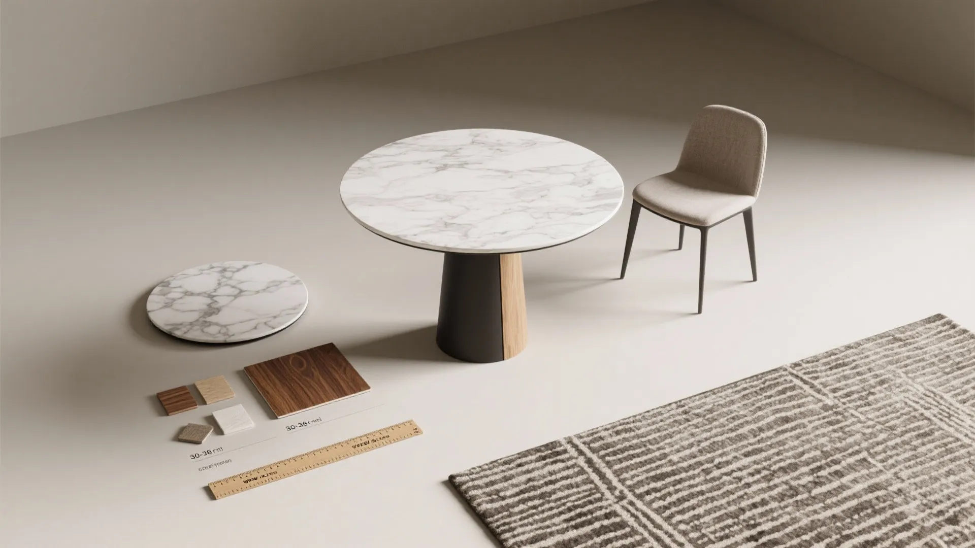 Flatlay of table size samples, finish swatches, chair silhouettes and a measuring tape for small dining setups.