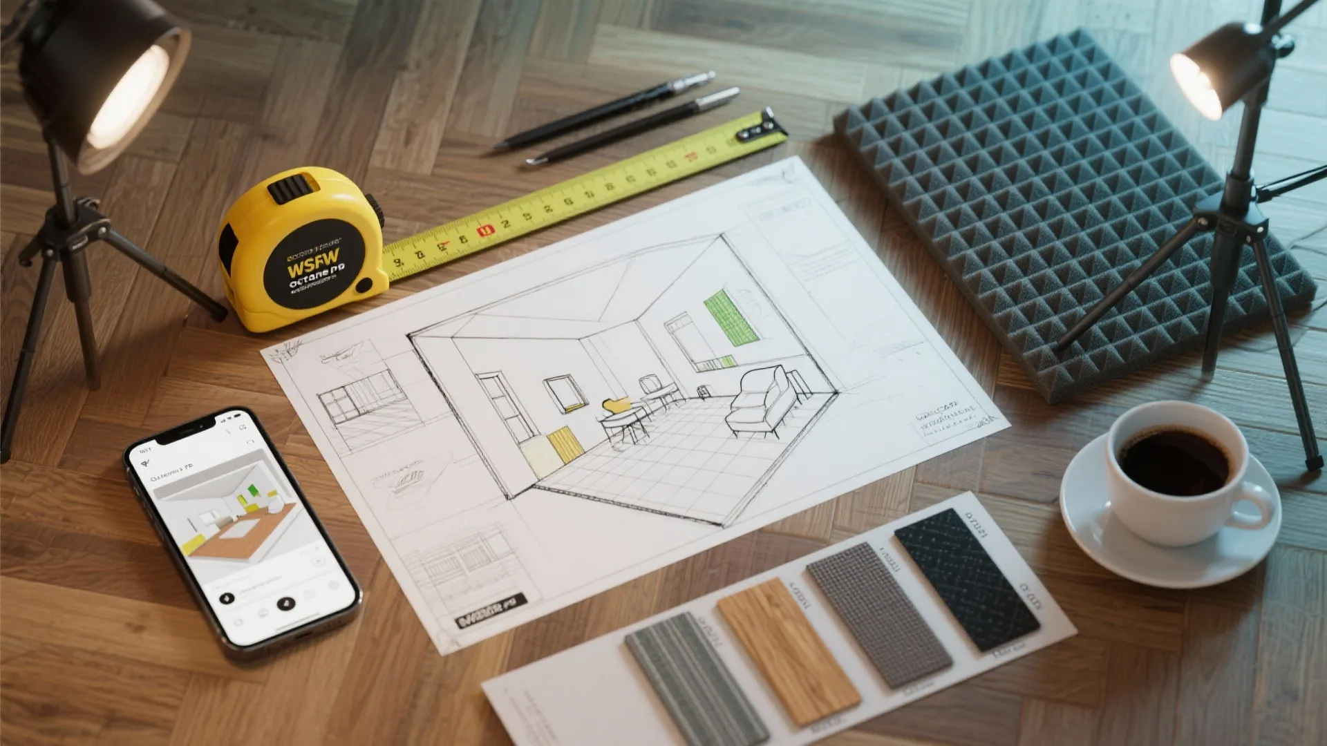 Flatlay of interior design drawing on wood floor with measuring tape and phone and material samples