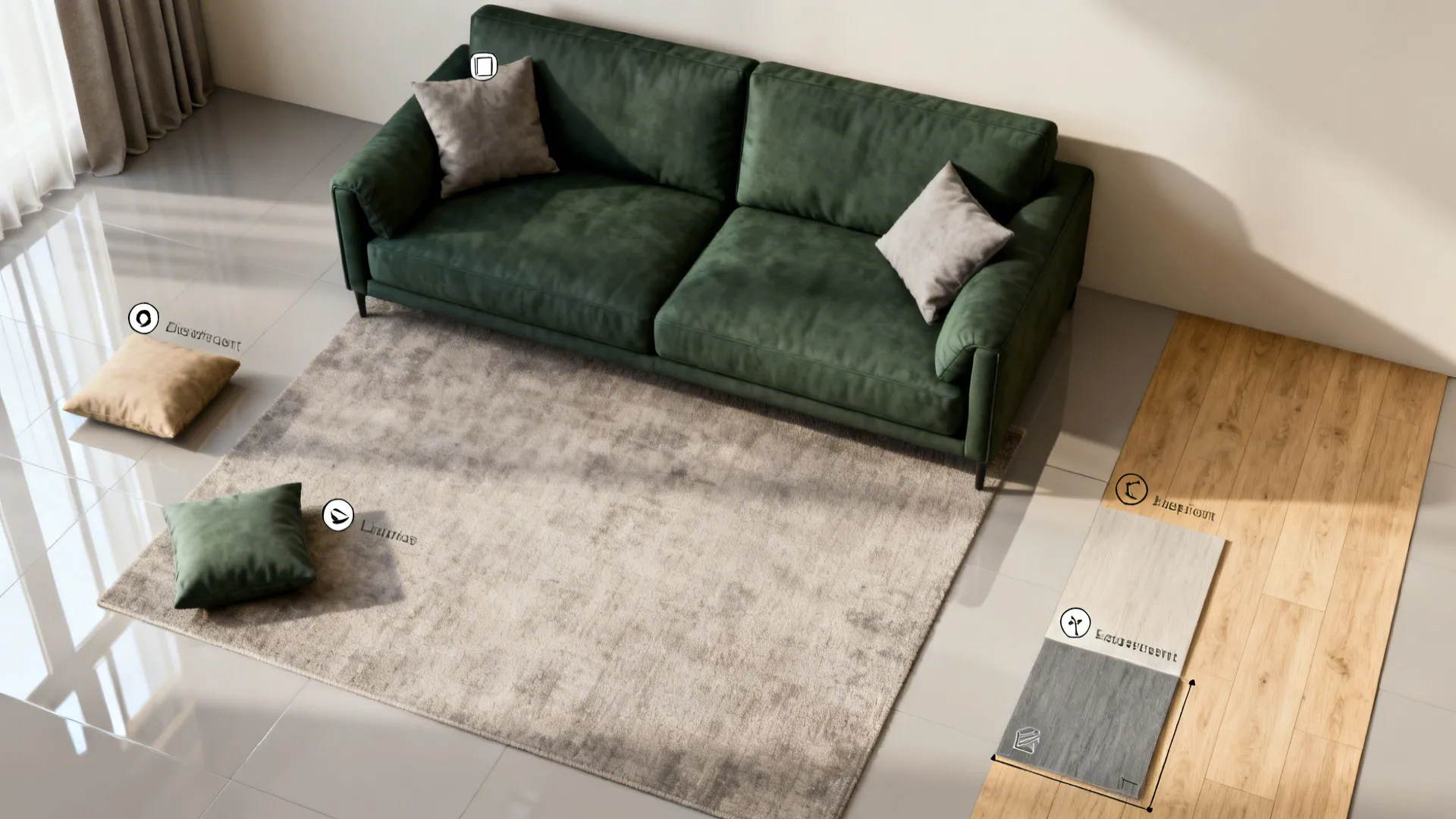 Top-down layout plan for a small living room with a dark green sofa and recommended floor and wall options