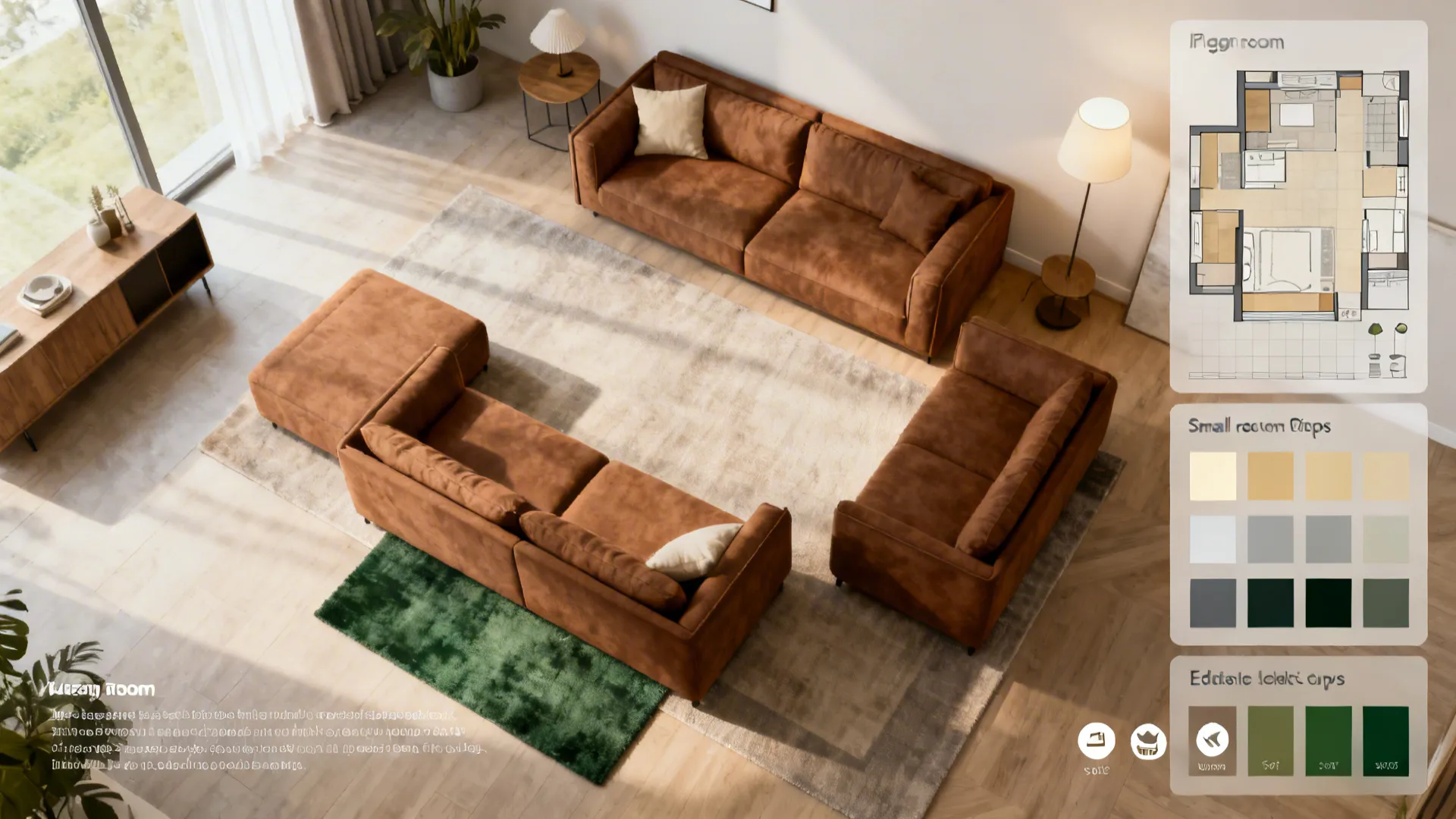 Top-down room planner showing layout options and color swatches for styling a brown sofa.