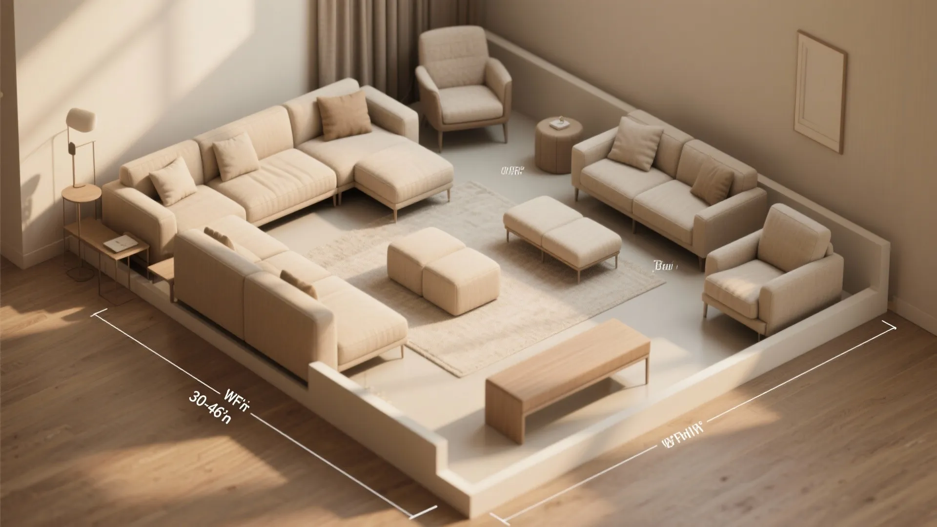 Top view interior design drawing of living room layout with cream sofas and beige rug