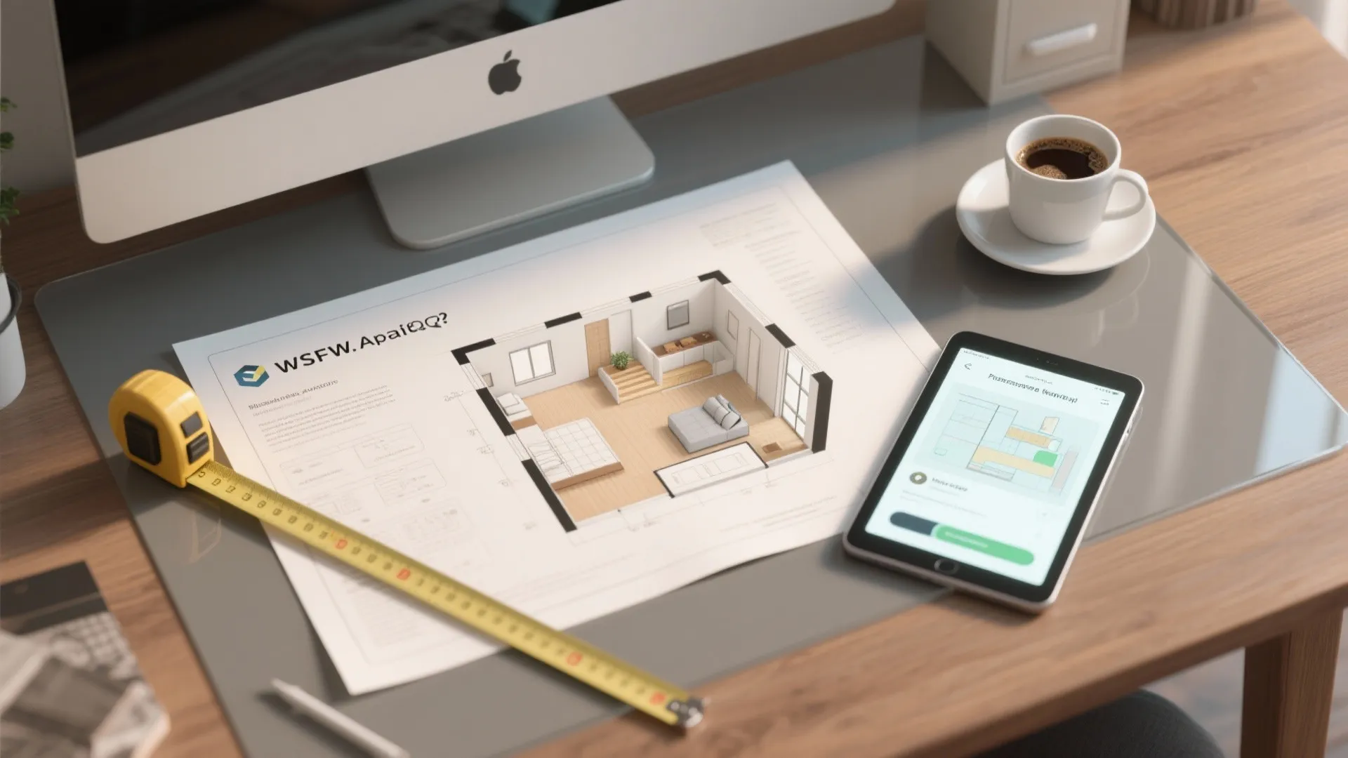 Desk with computer monitor, printed interior design drawing, yellow tape measure, tablet, and hot black coffee