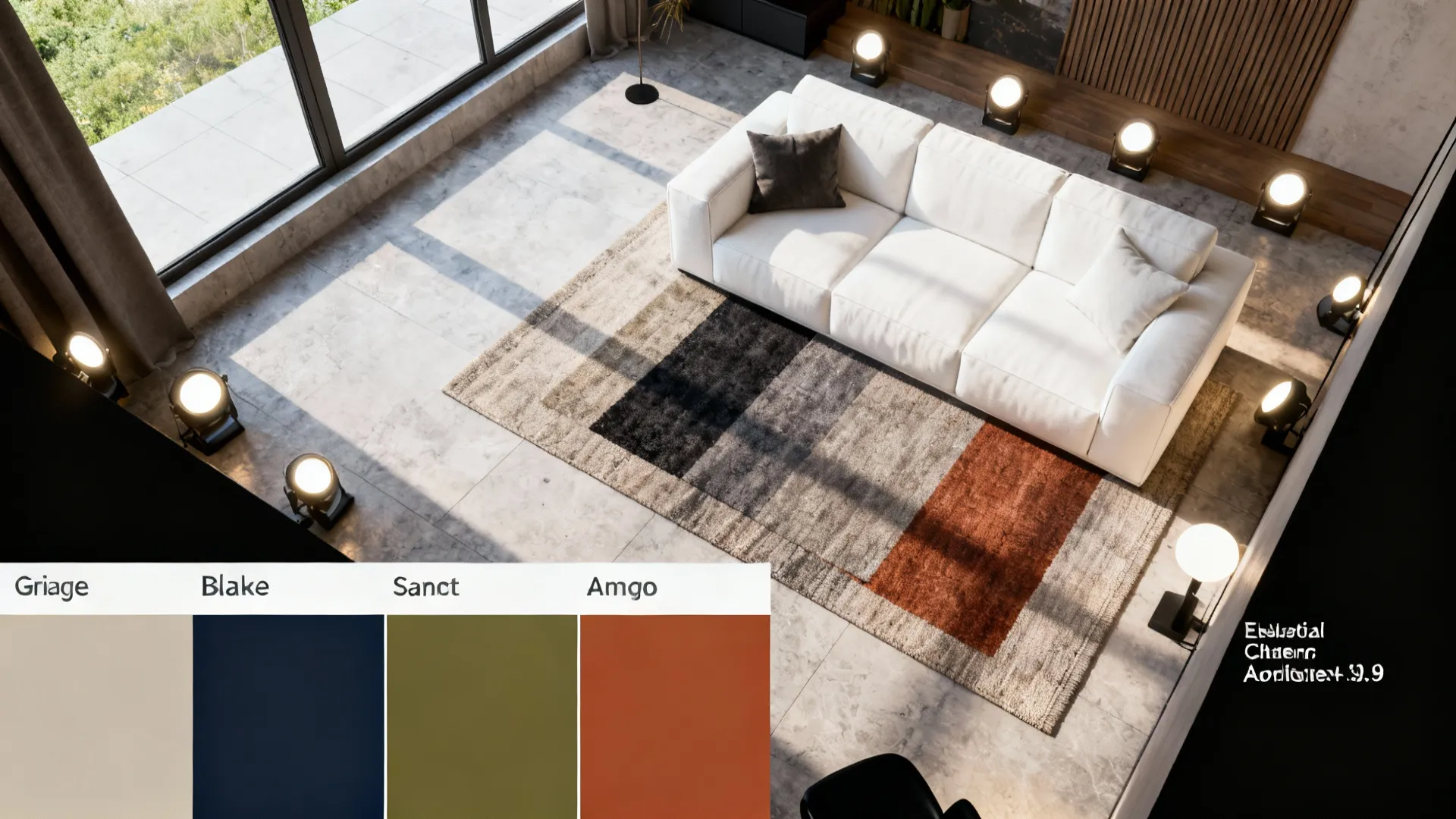 Living room interior design drawing with white sofa and four different wall paint color swatches